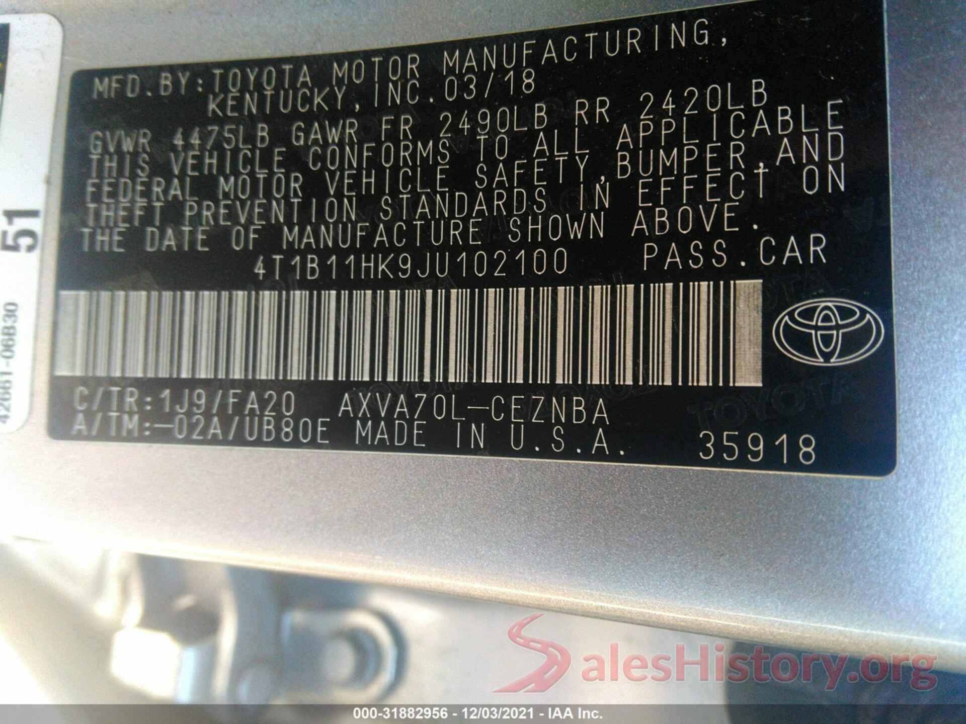 4T1B11HK9JU102100 2018 TOYOTA CAMRY