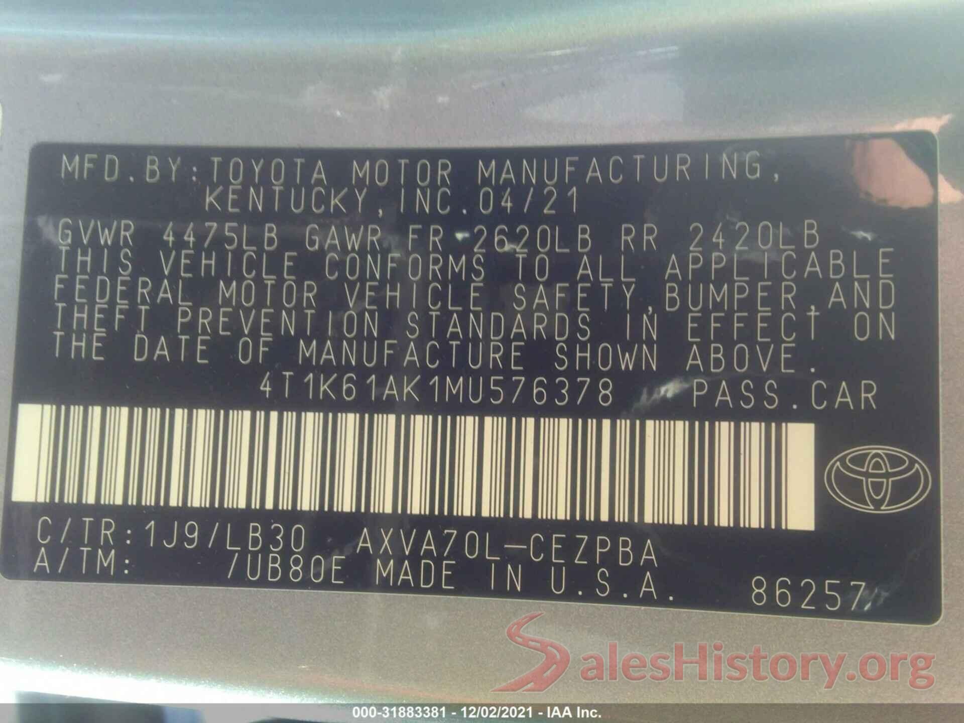 4T1K61AK1MU576378 2021 TOYOTA CAMRY