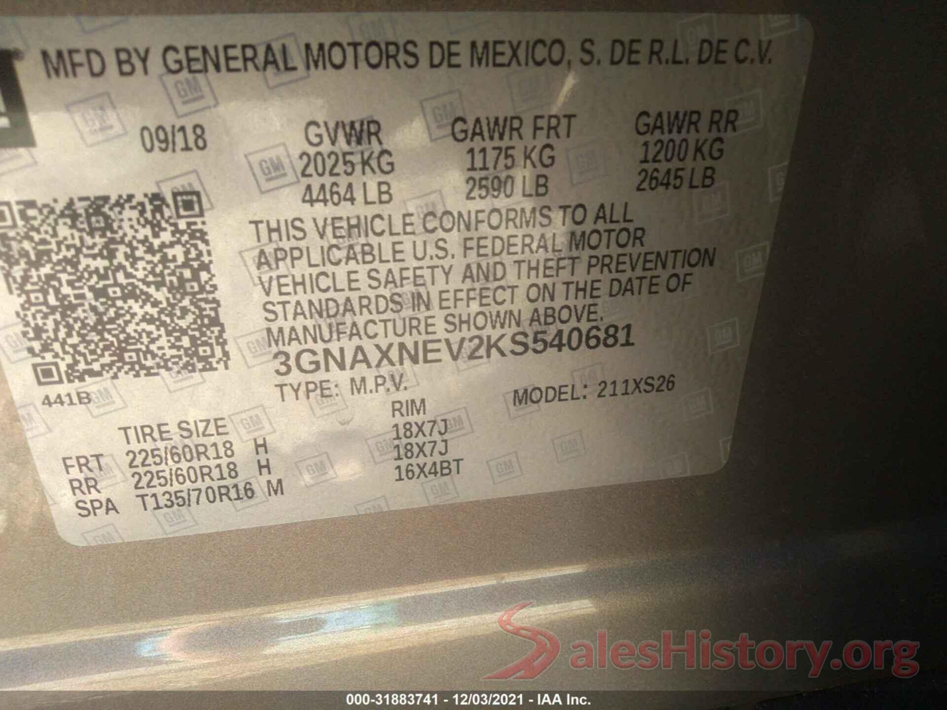 3GNAXNEV2KS540681 2019 CHEVROLET EQUINOX