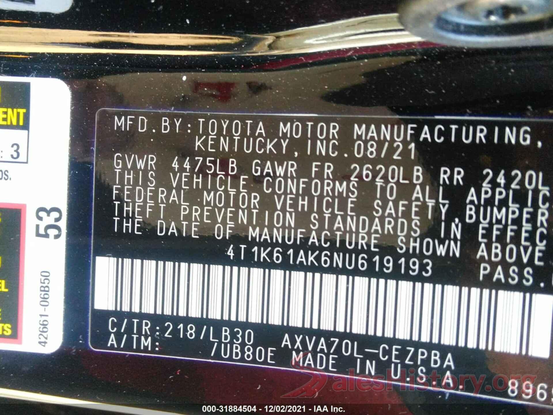 4T1K61AK6NU619193 2022 TOYOTA CAMRY