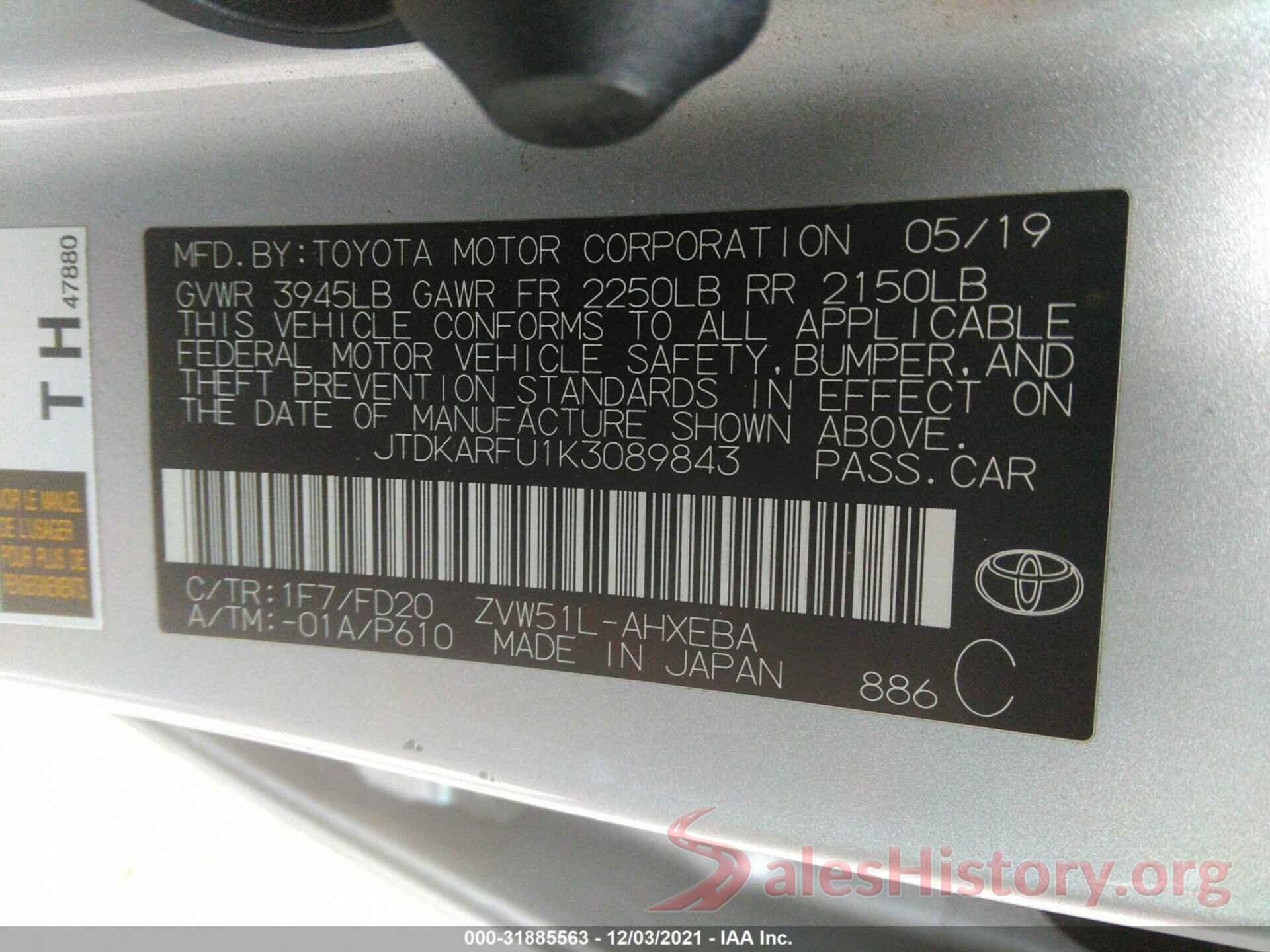 JTDKARFU1K3089843 2019 TOYOTA PRIUS