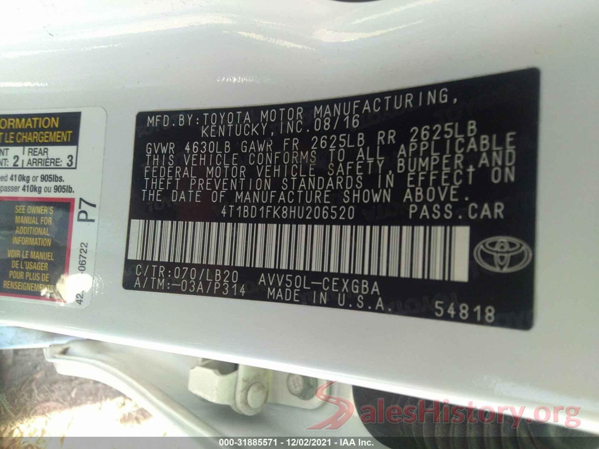 4T1BD1FK8HU206520 2017 TOYOTA CAMRY