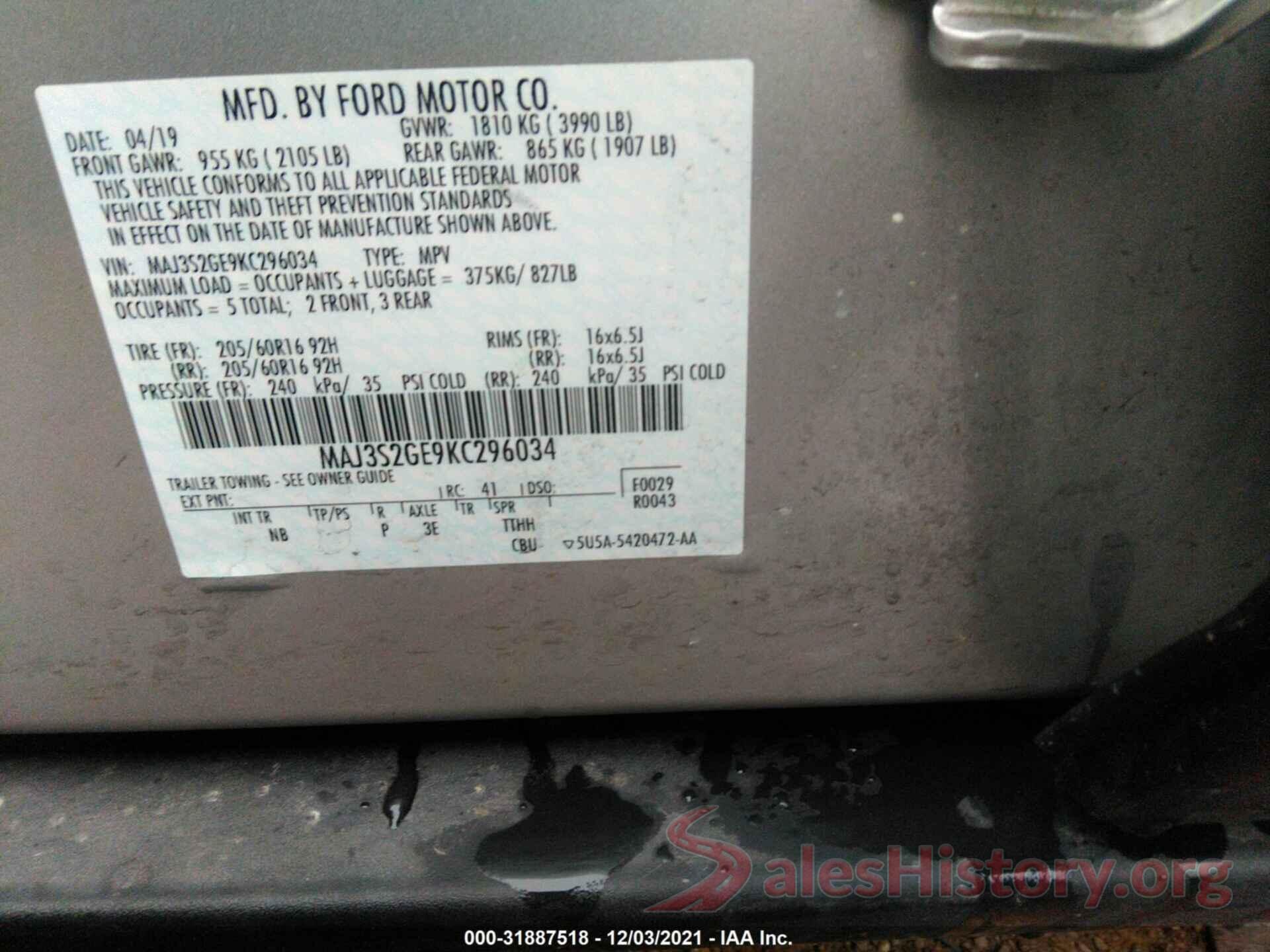 MAJ3S2GE9KC296034 2019 FORD ECOSPORT