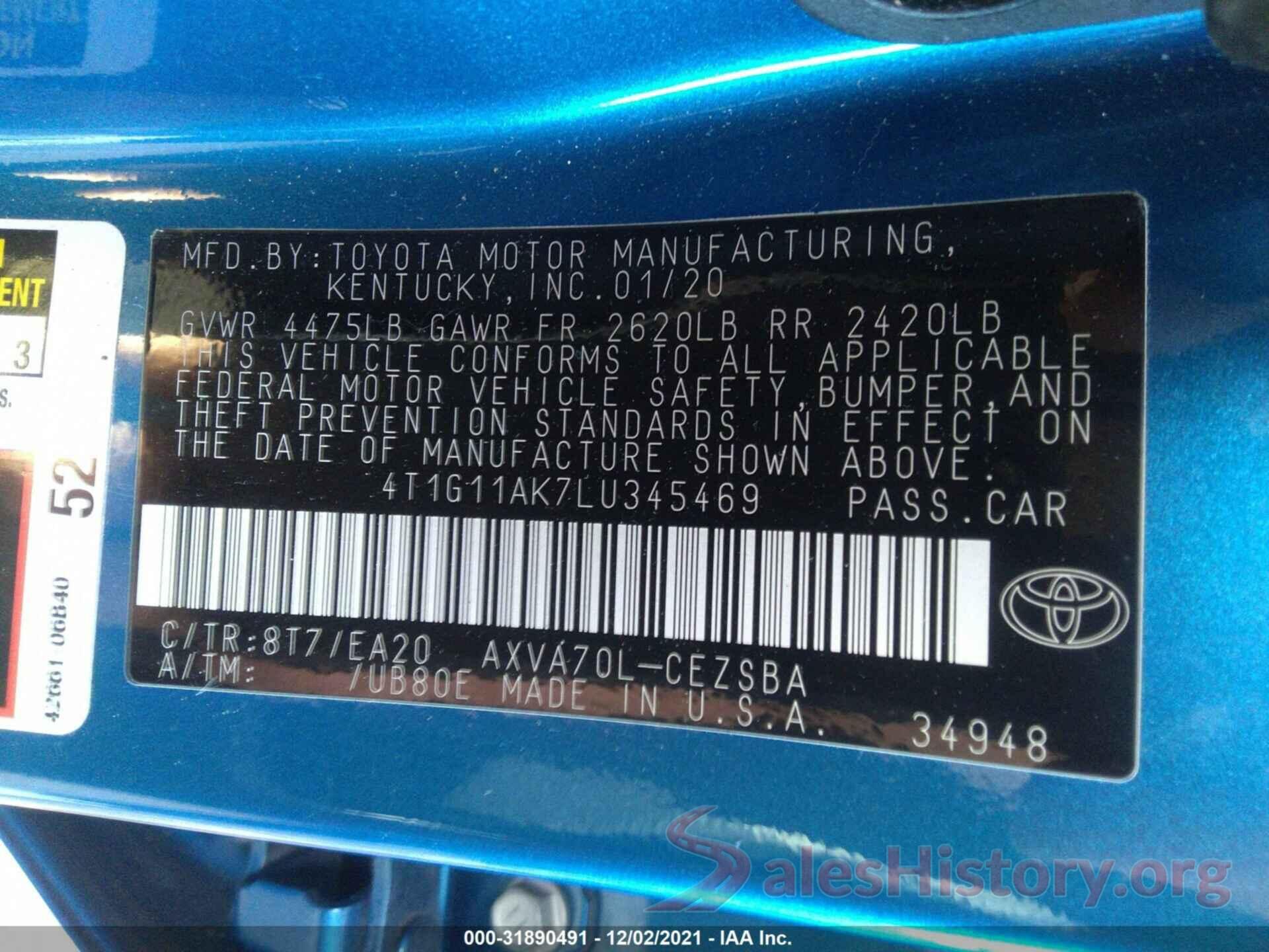 4T1G11AK7LU345469 2020 TOYOTA CAMRY