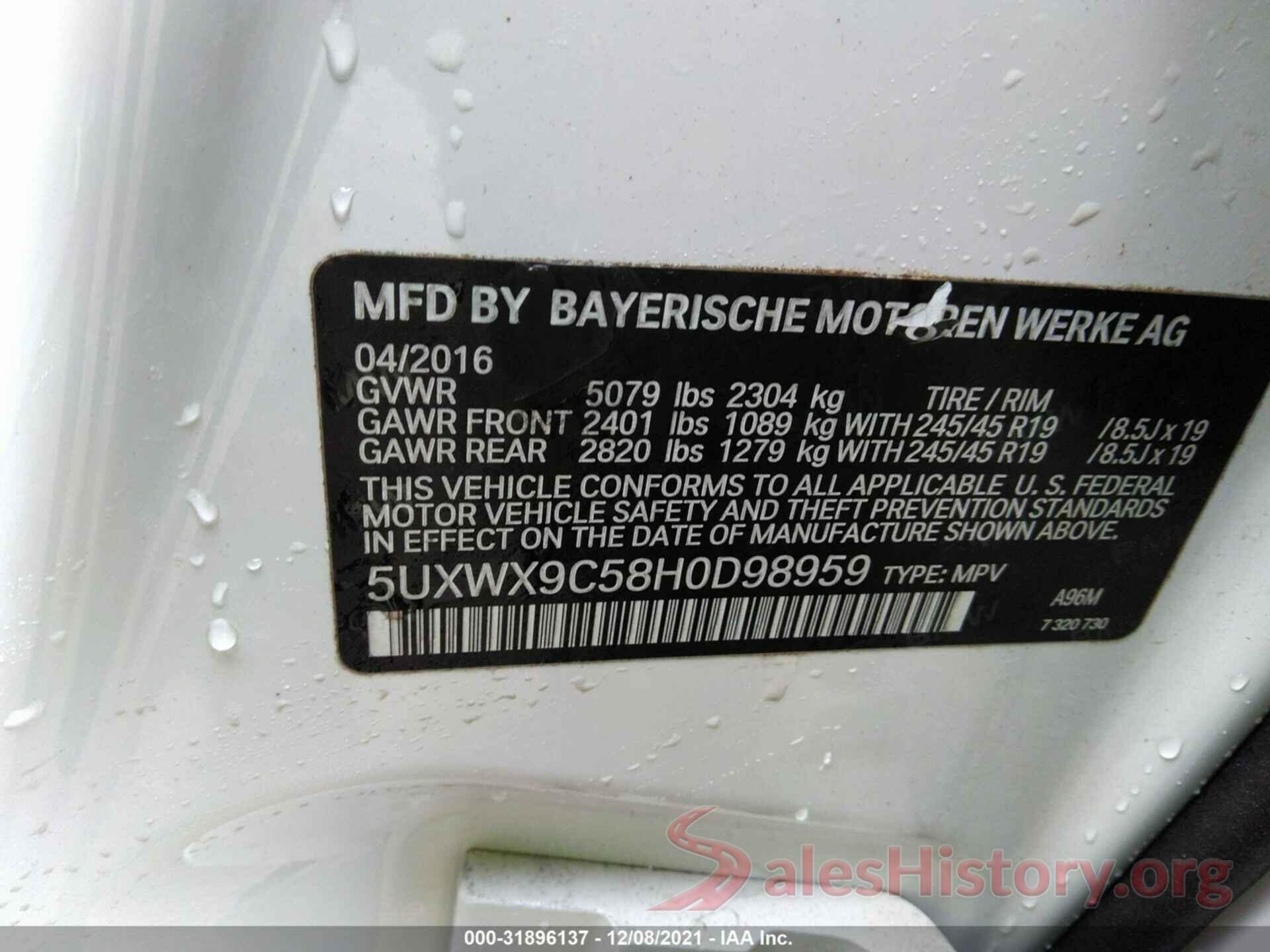 5UXWX9C58H0D98959 2017 BMW X3