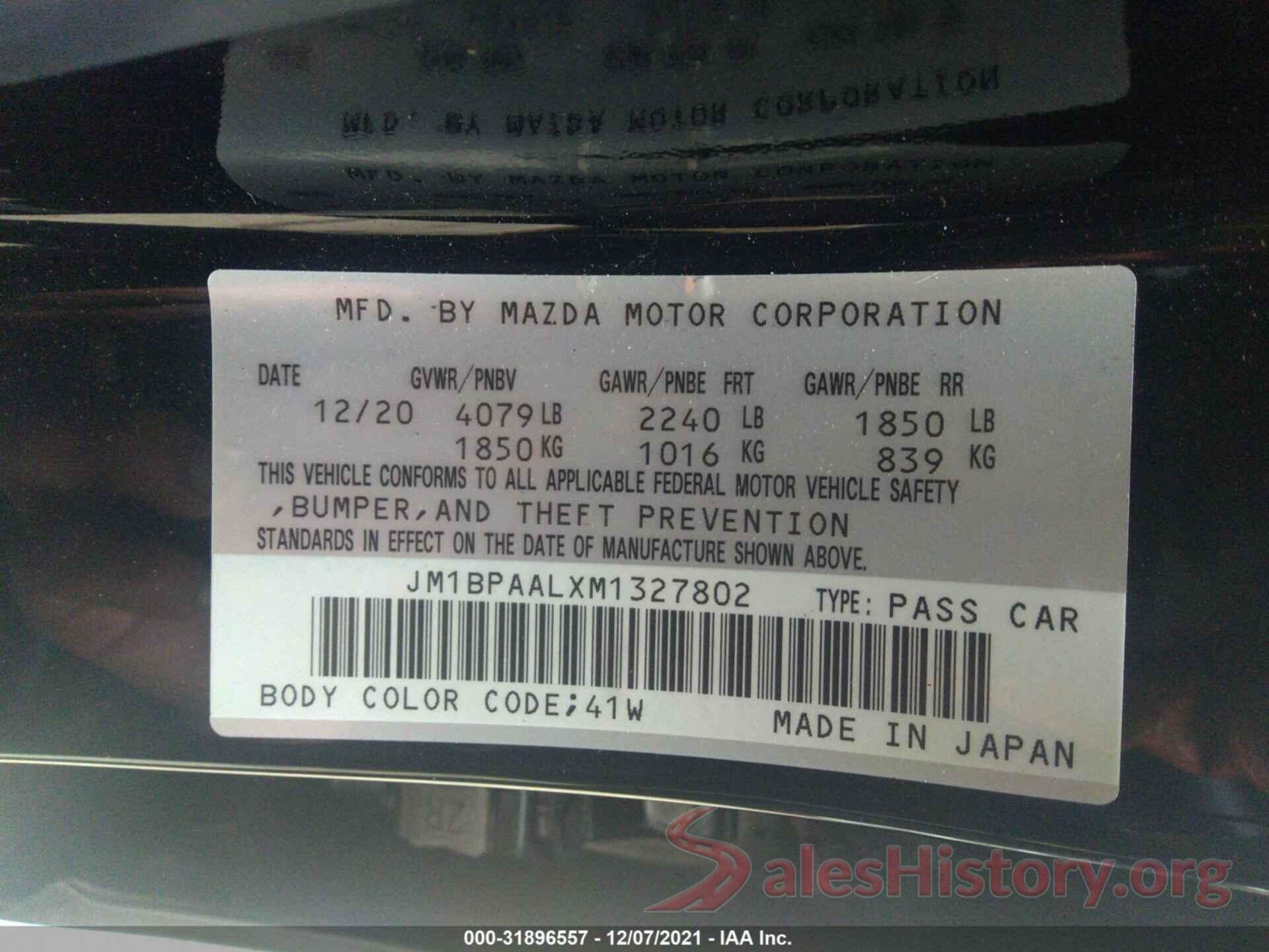 JM1BPAALXM1327802 2021 MAZDA MAZDA3 SEDAN