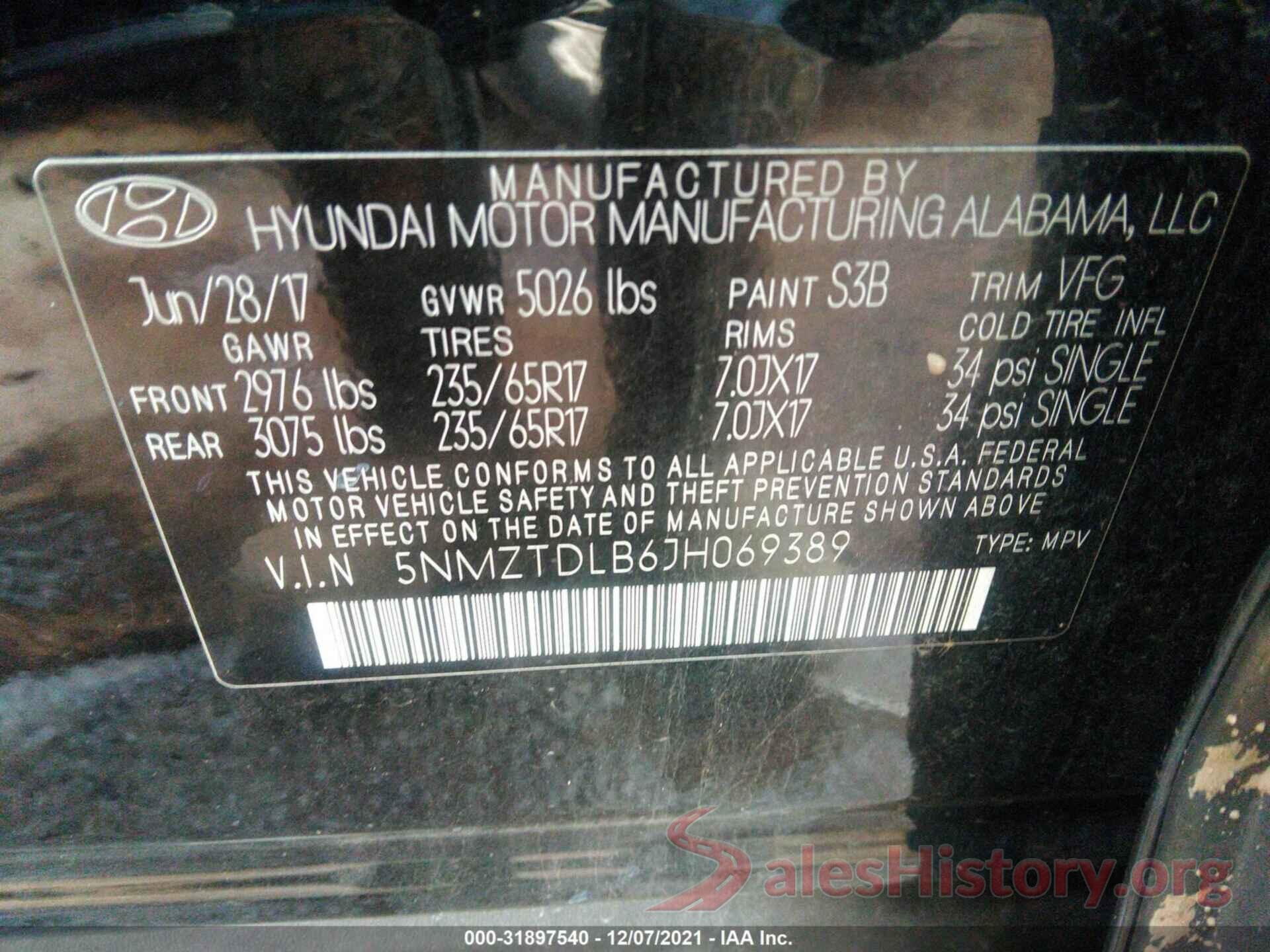 5NMZTDLB6JH069389 2018 HYUNDAI SANTA FE SPORT