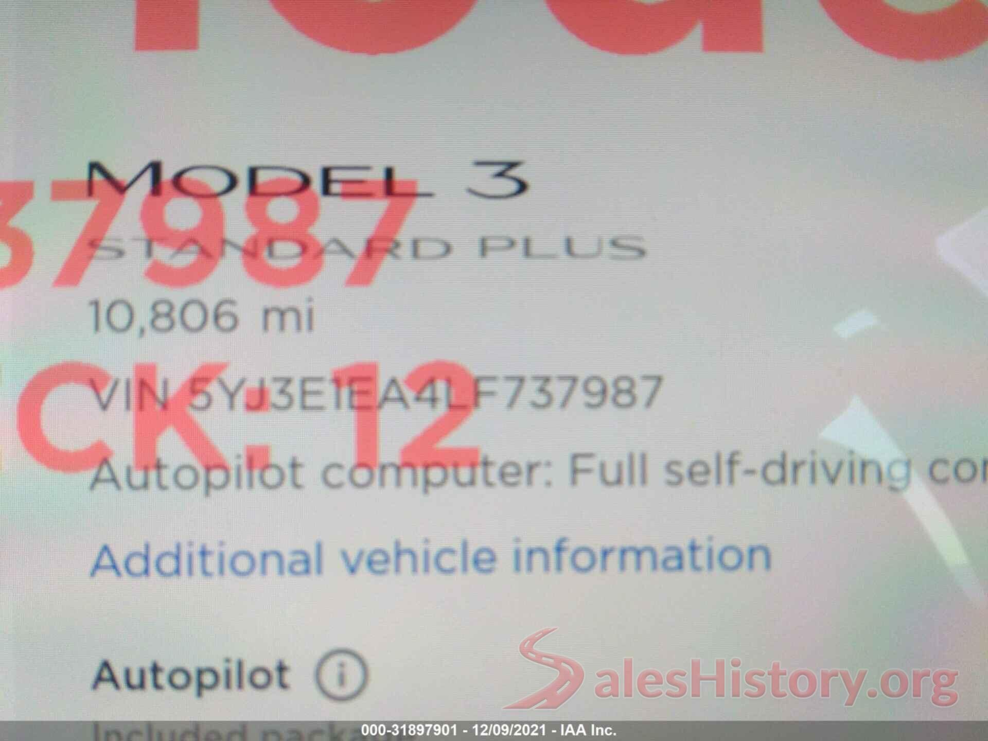 5YJ3E1EA4LF737987 2020 TESLA MODEL 3