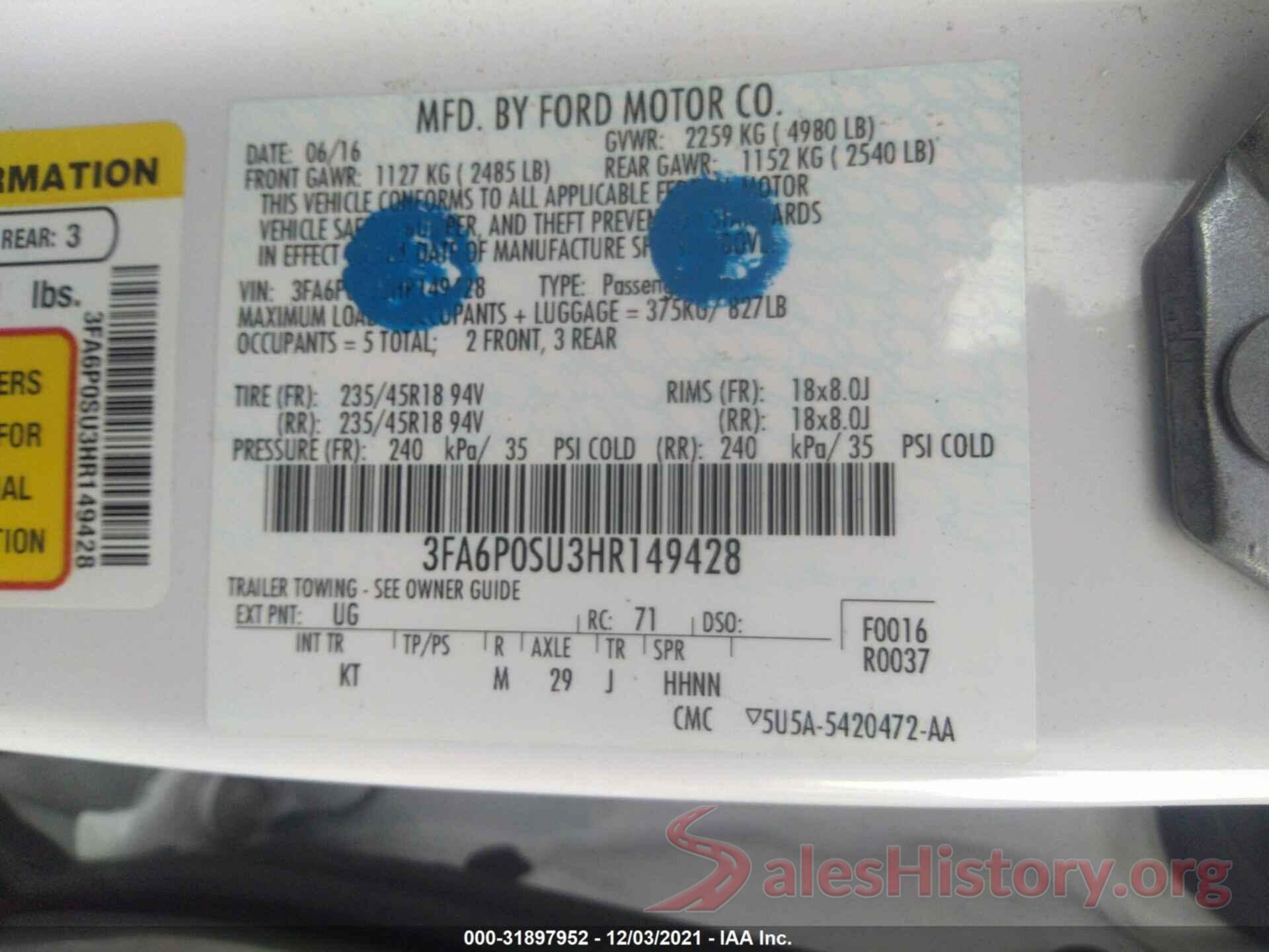 3FA6P0SU3HR149428 2017 FORD FUSION ENERGI