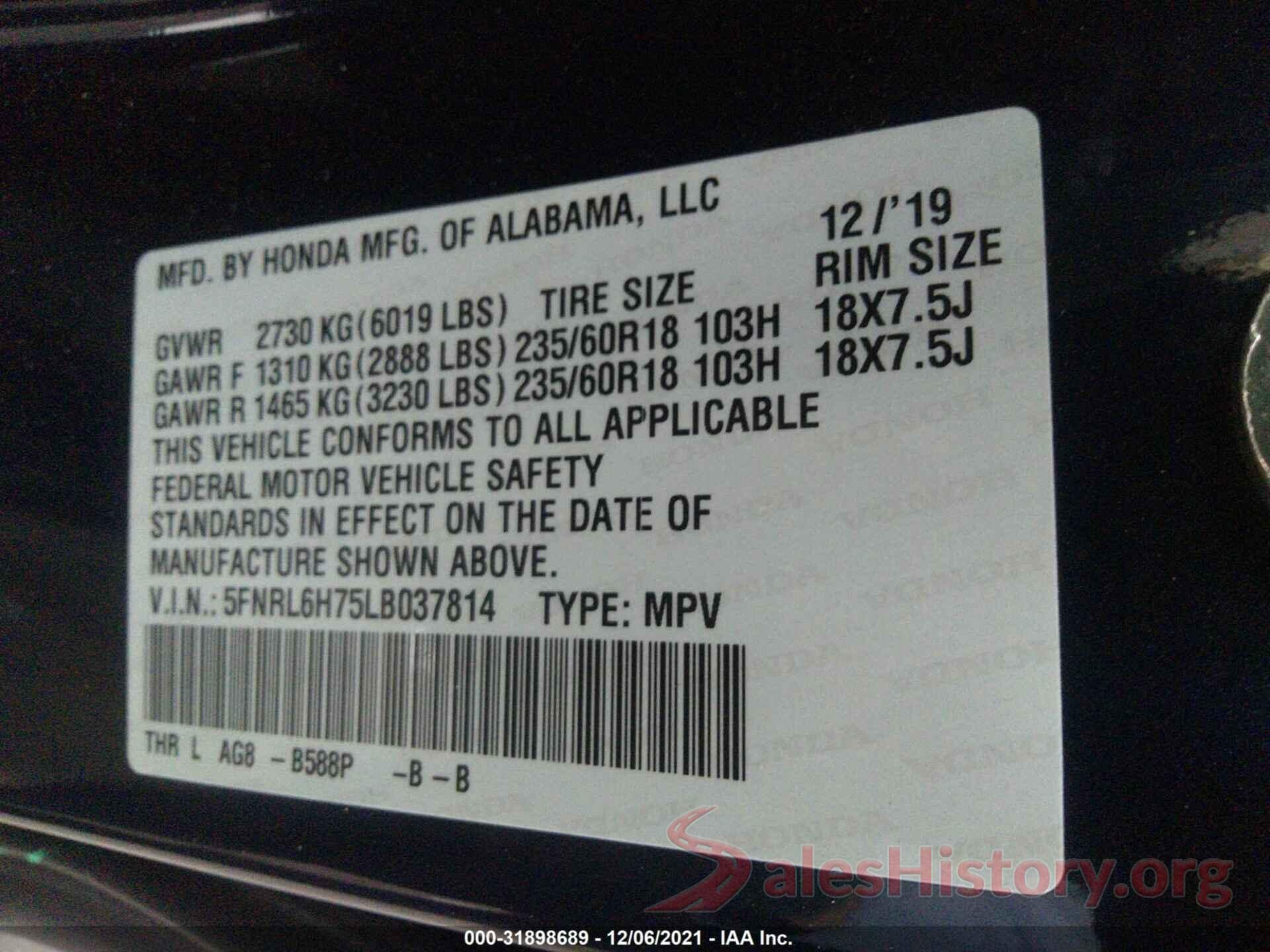 5FNRL6H75LB037814 2020 HONDA ODYSSEY