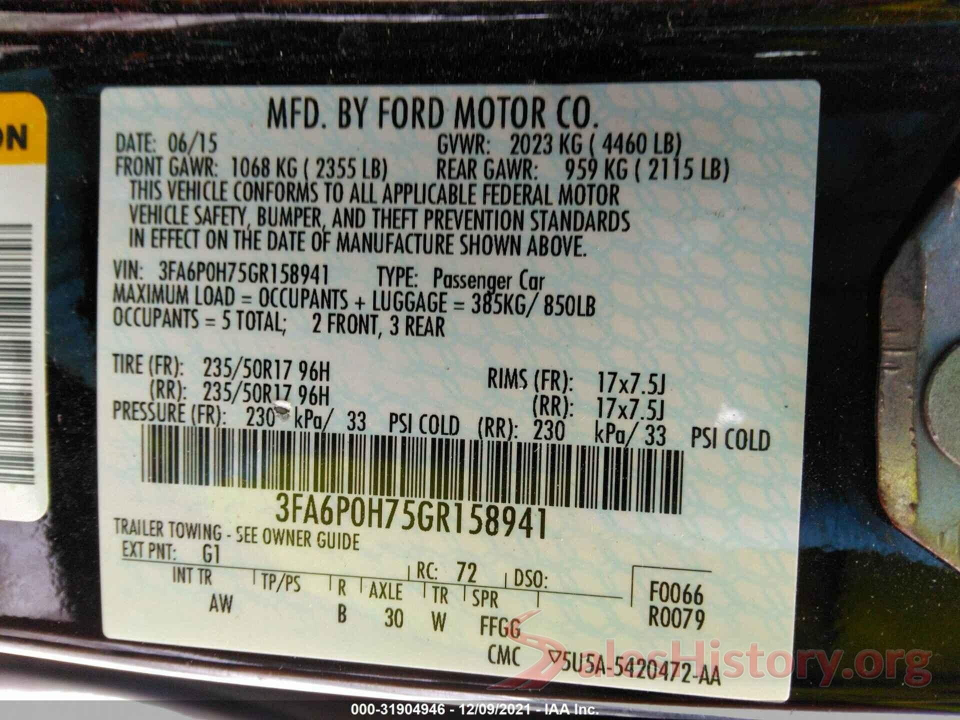 3FA6P0H75GR158941 2016 FORD FUSION