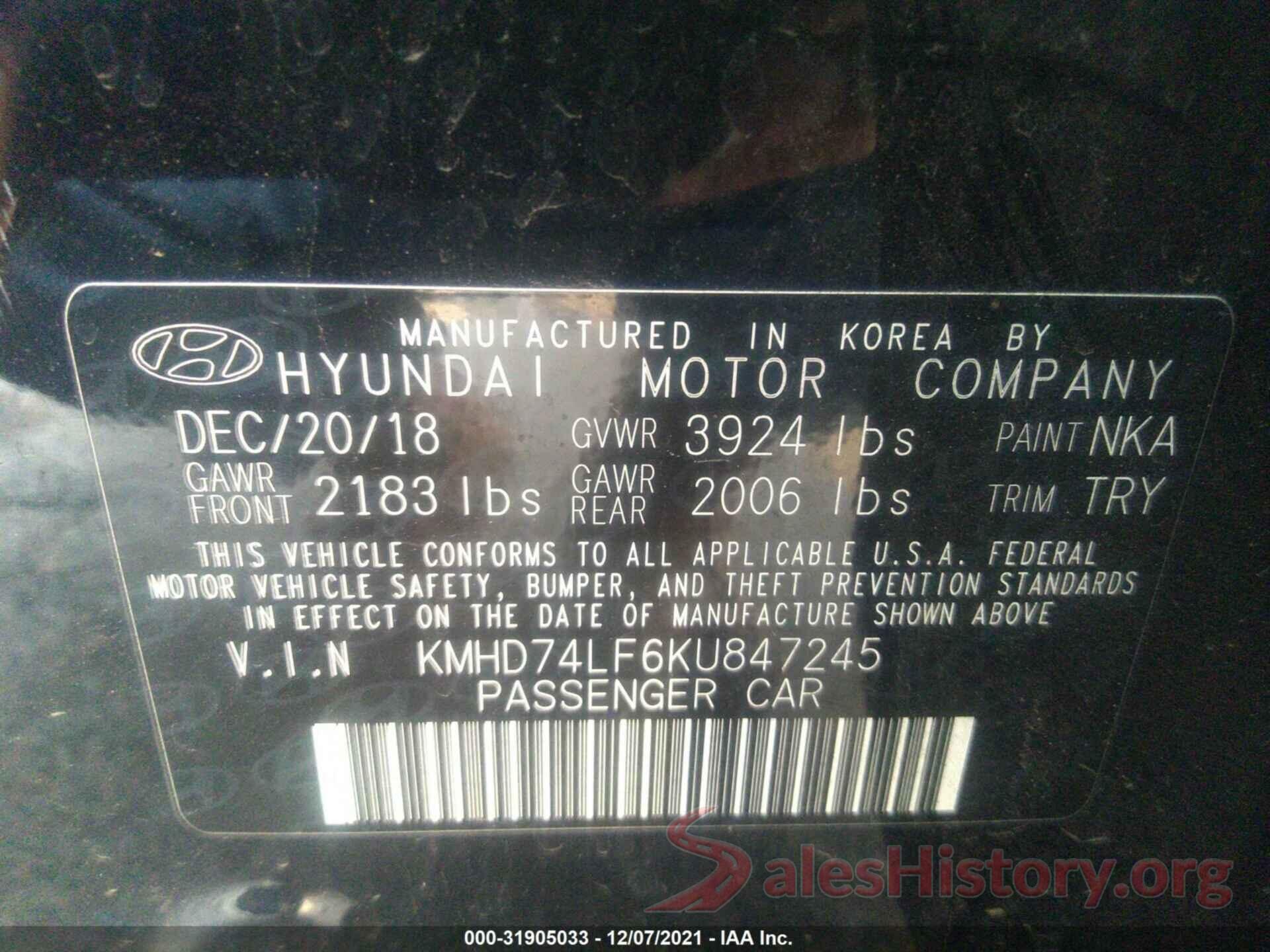 KMHD74LF6KU847245 2019 HYUNDAI ELANTRA