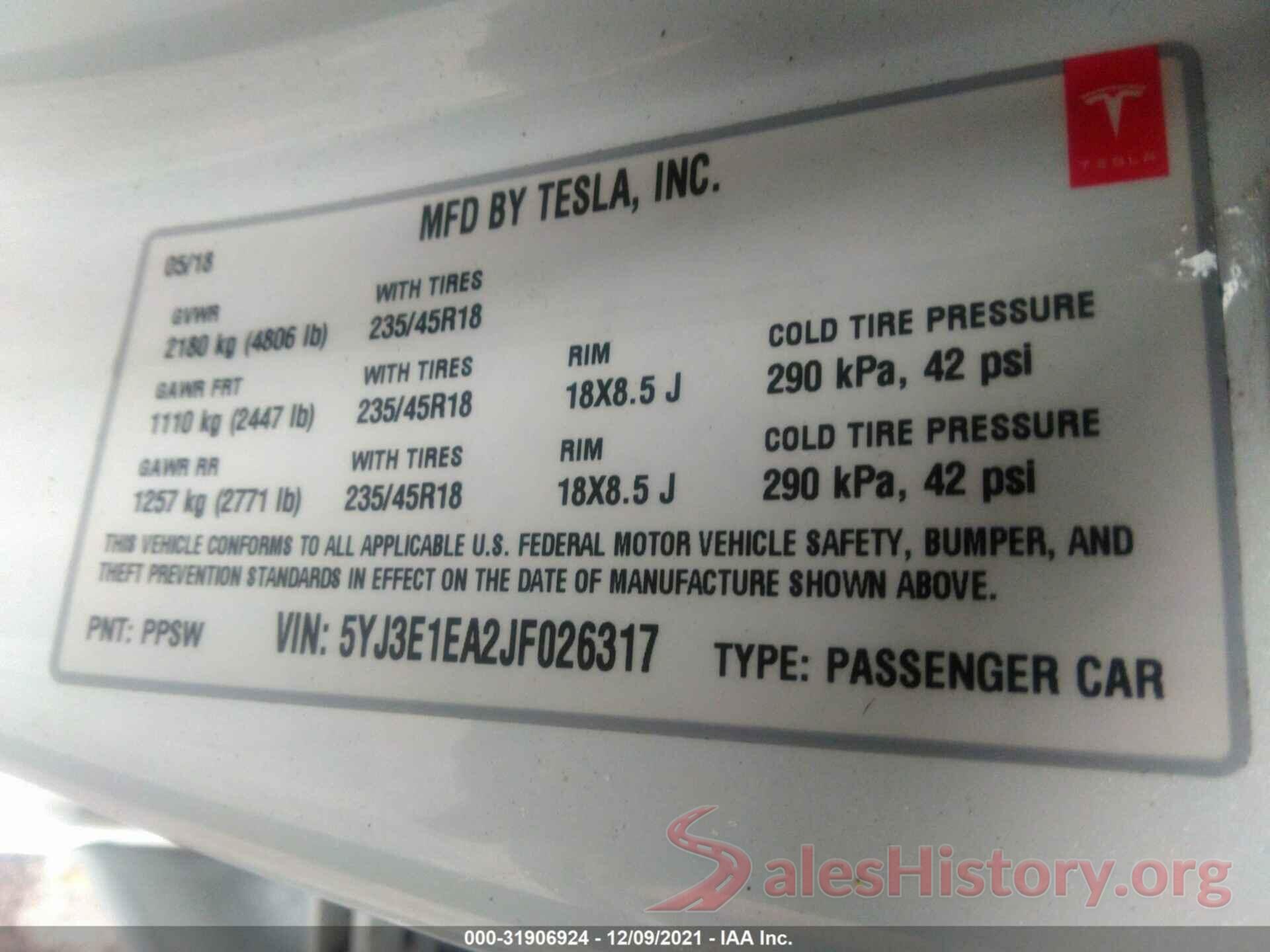 5YJ3E1EA2JF026317 2018 TESLA MODEL 3