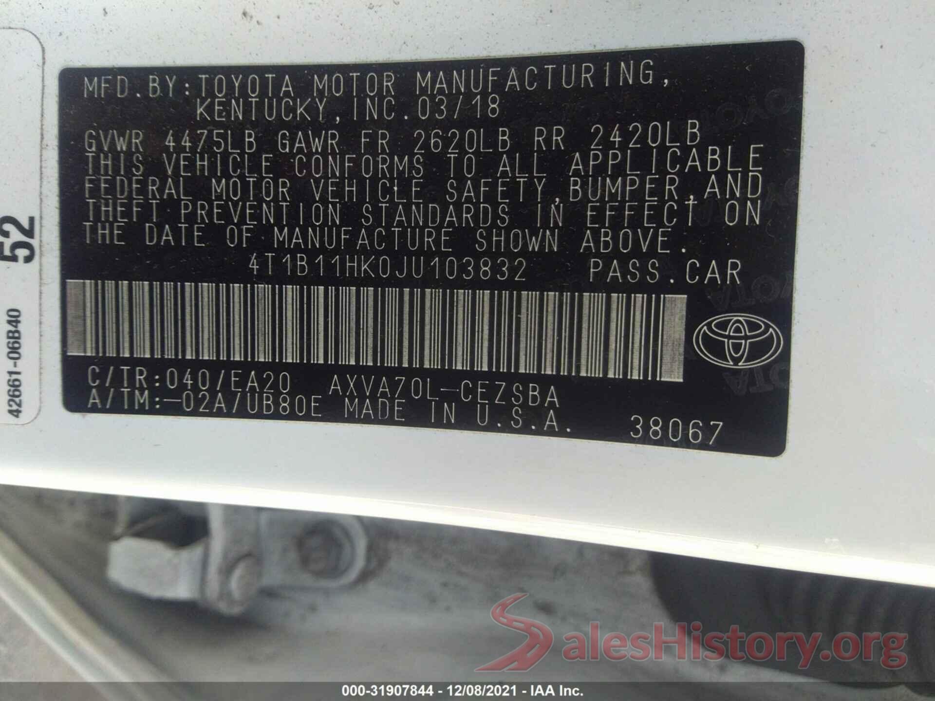 4T1B11HK0JU103832 2018 TOYOTA CAMRY