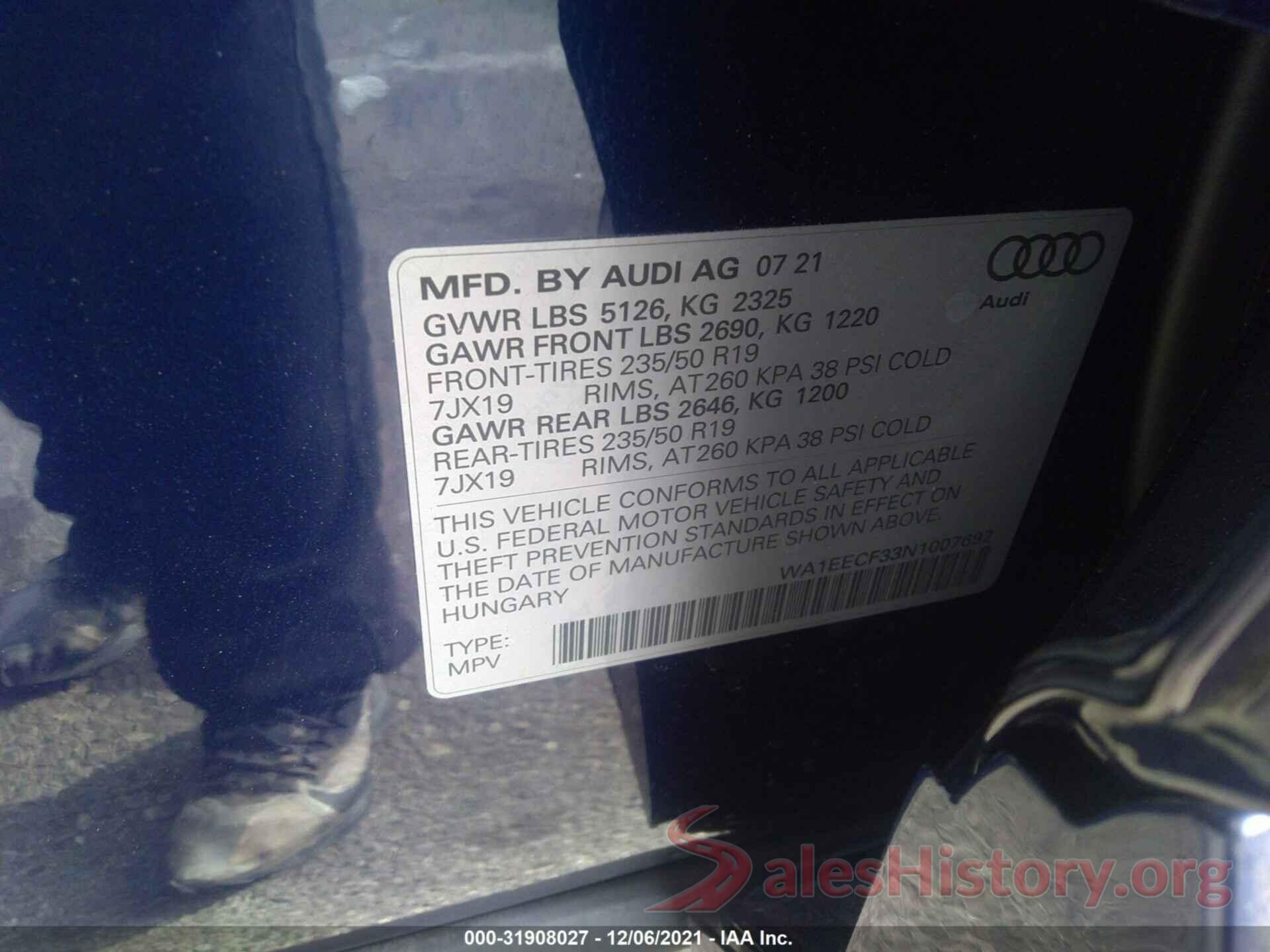 WA1EECF33N1007692 2022 AUDI Q3