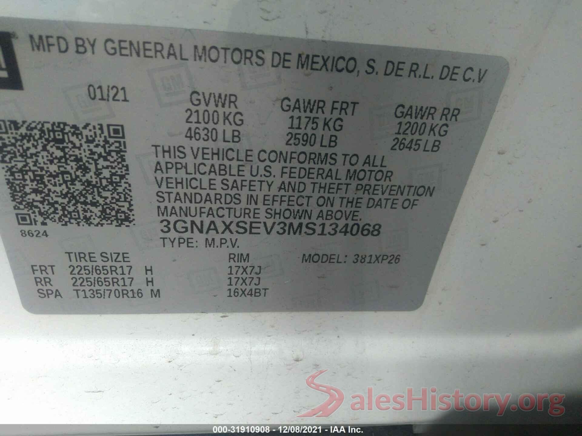 3GNAXSEV3MS134068 2021 CHEVROLET EQUINOX