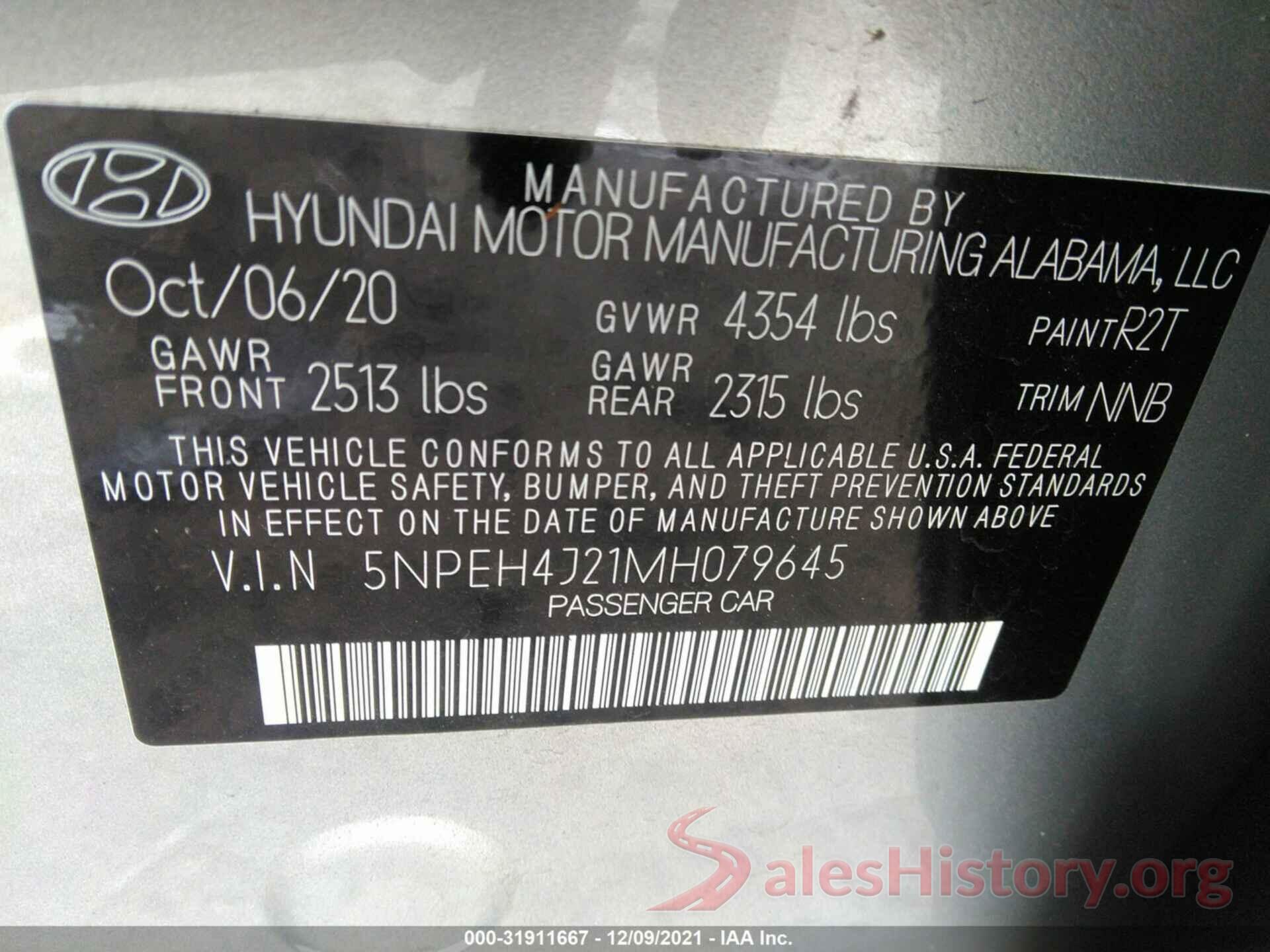 5NPEH4J21MH079645 2021 HYUNDAI SONATA