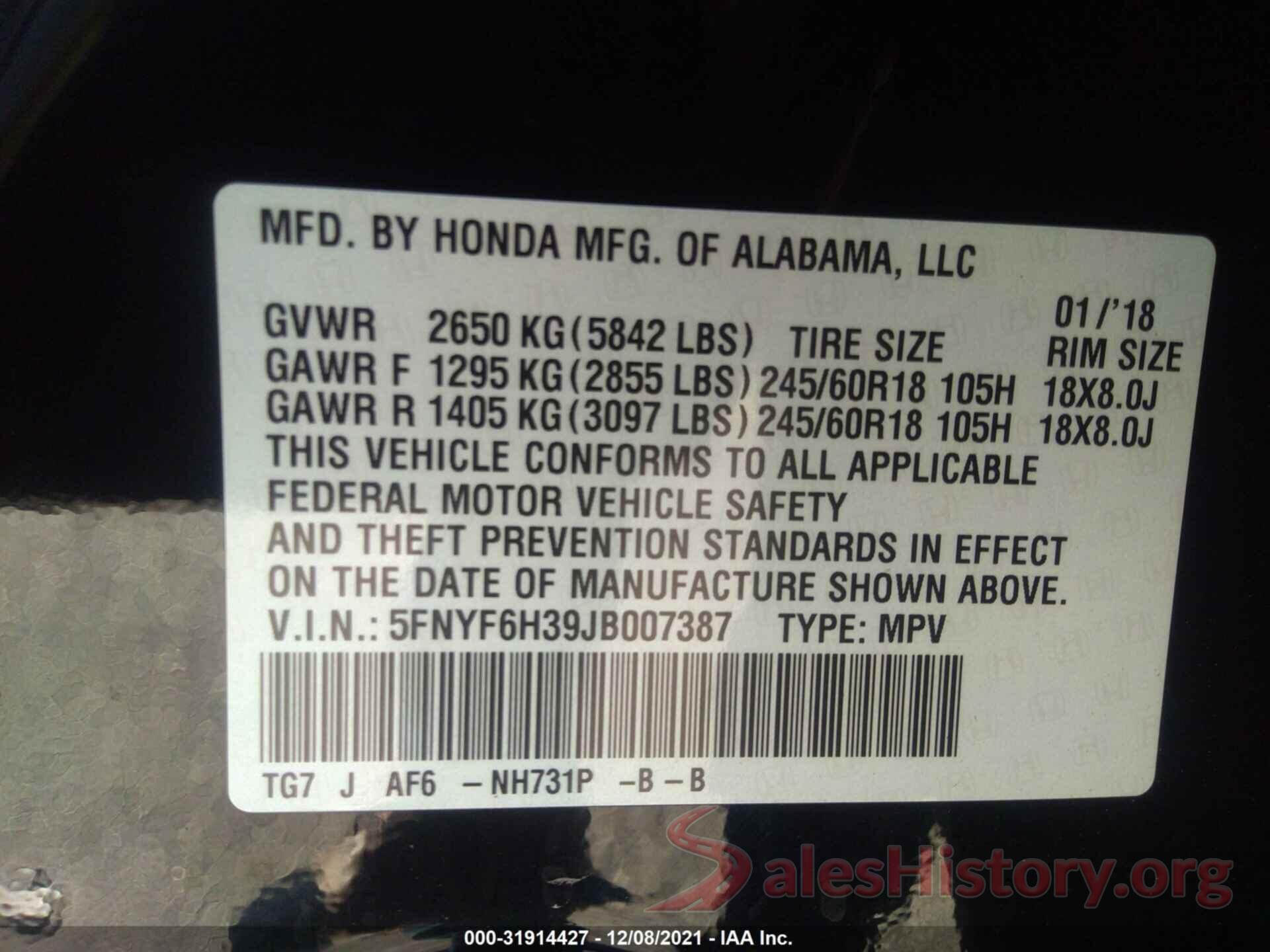 5FNYF6H39JB007387 2018 HONDA PILOT