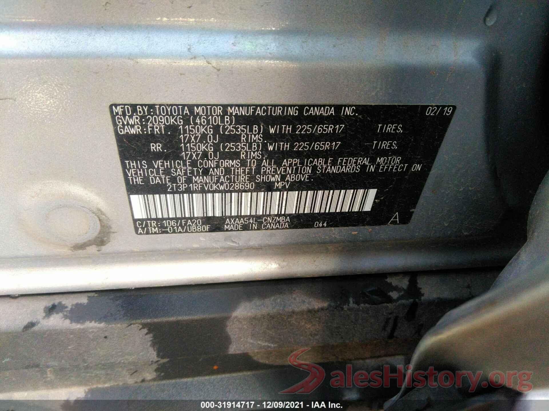 2T3P1RFV0KW028690 2019 TOYOTA RAV4