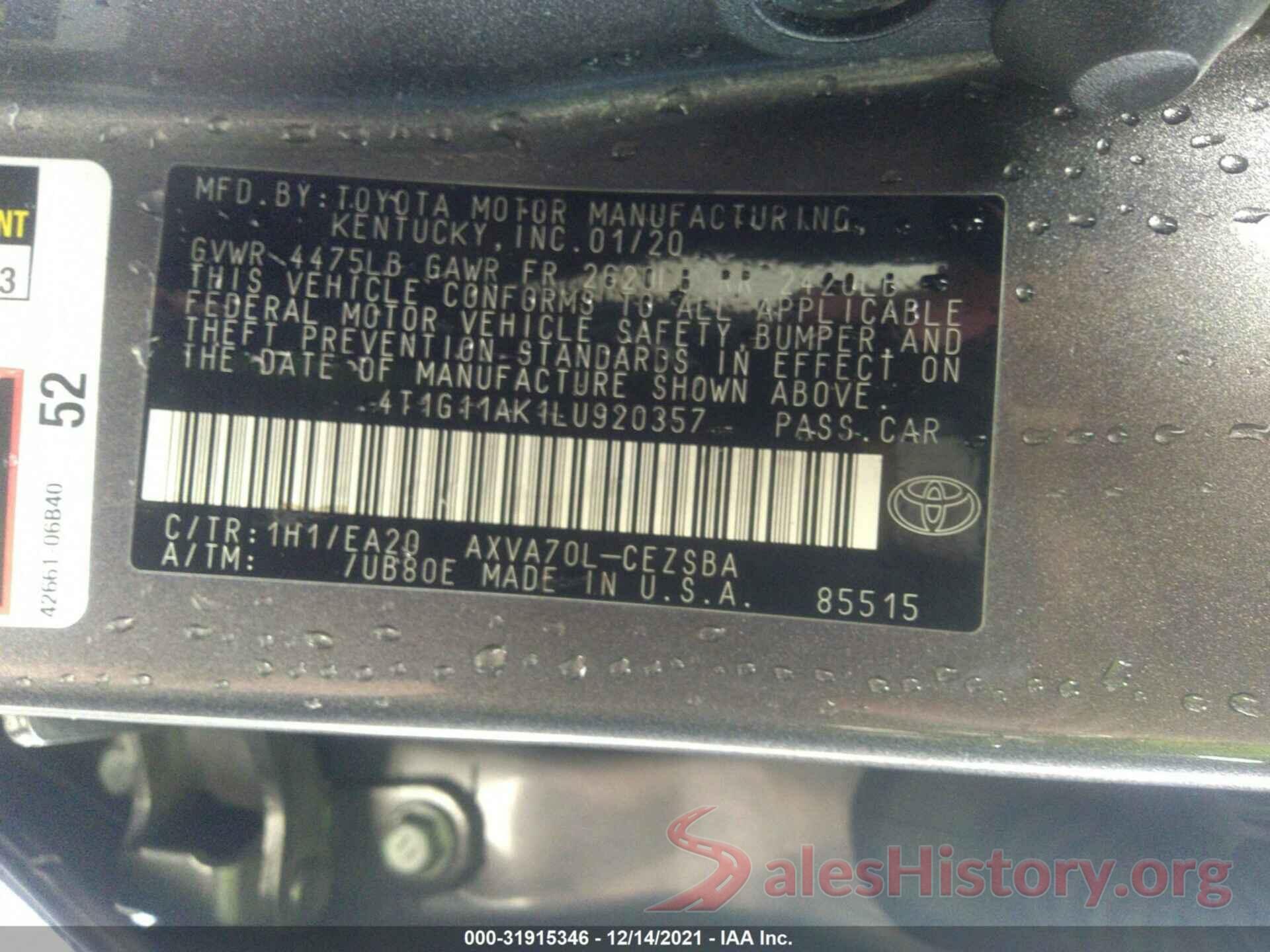 4T1G11AK1LU920357 2020 TOYOTA CAMRY