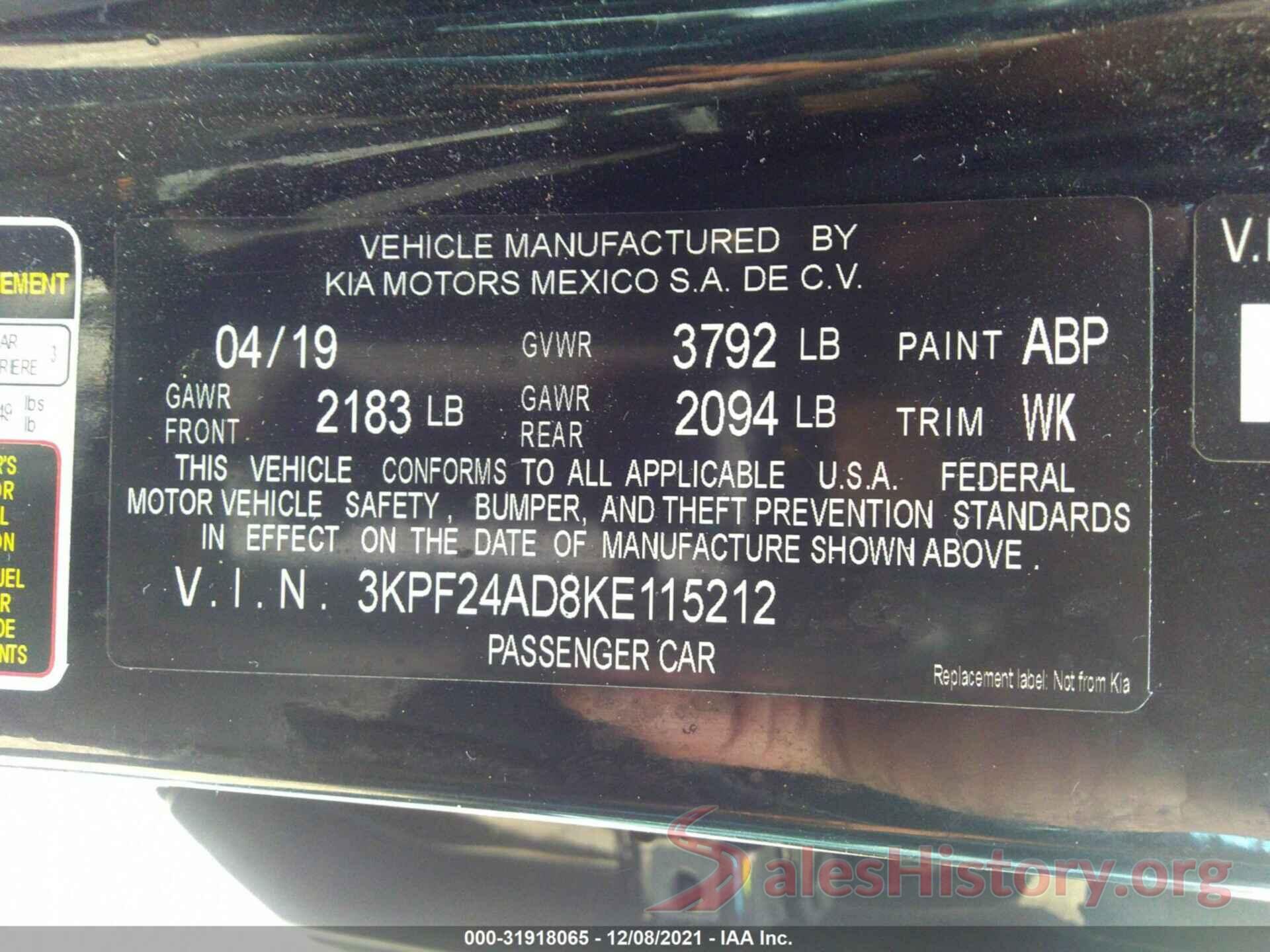 3KPF24AD8KE115212 2019 KIA FORTE