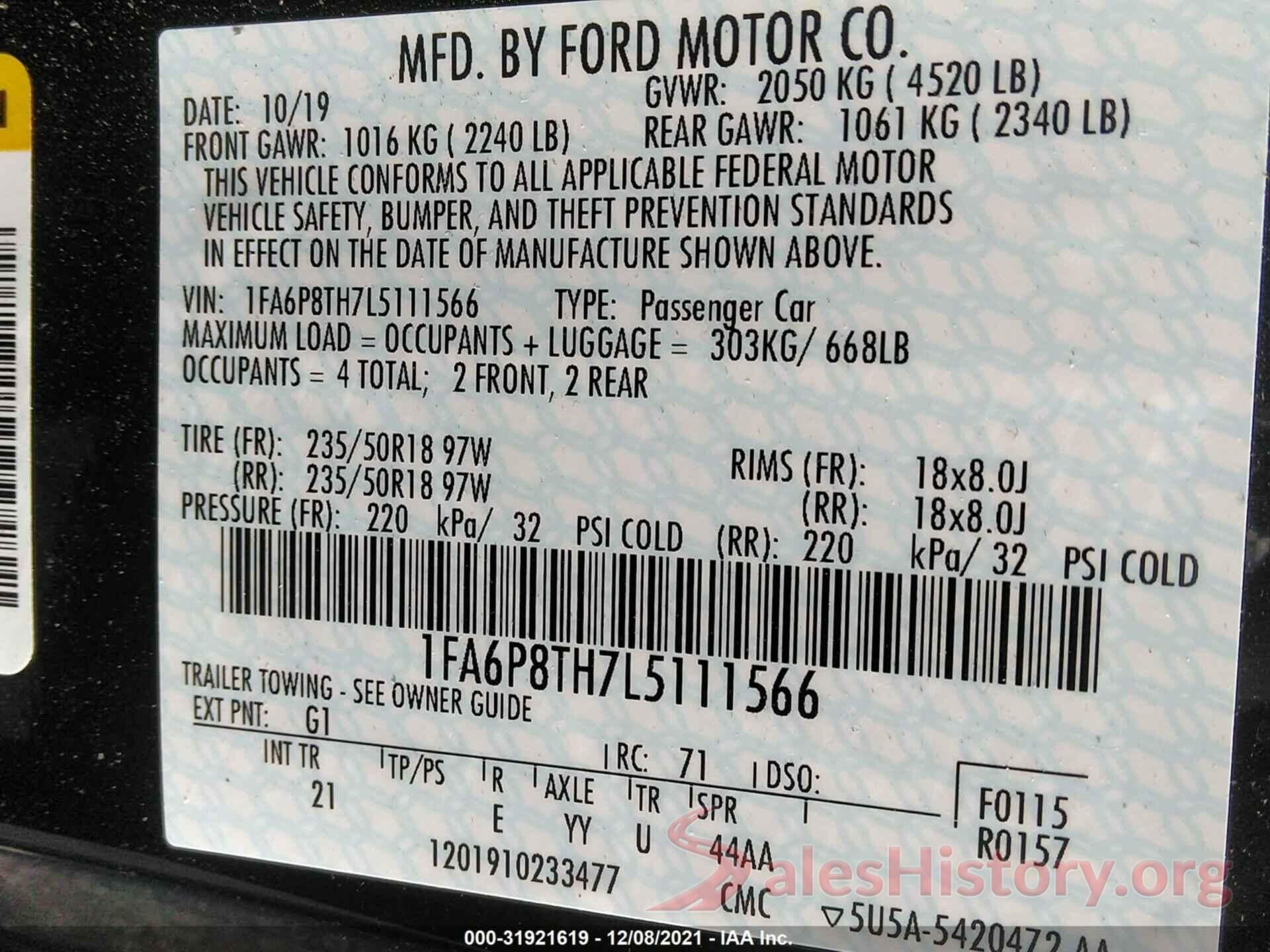 1FA6P8TH7L5111566 2020 FORD MUSTANG