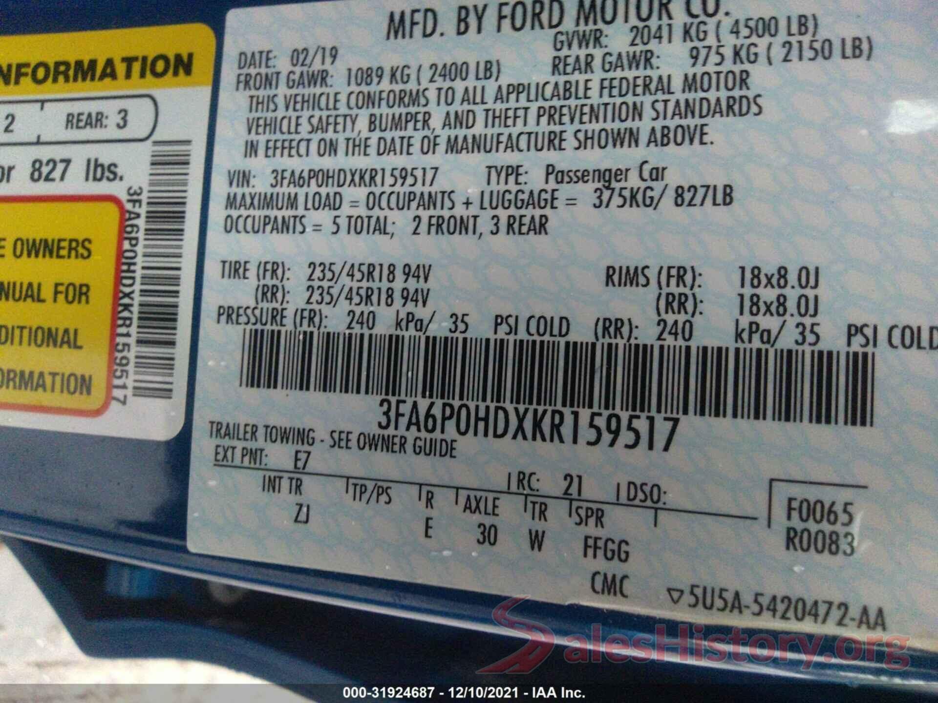 3FA6P0HDXKR159517 2019 FORD FUSION