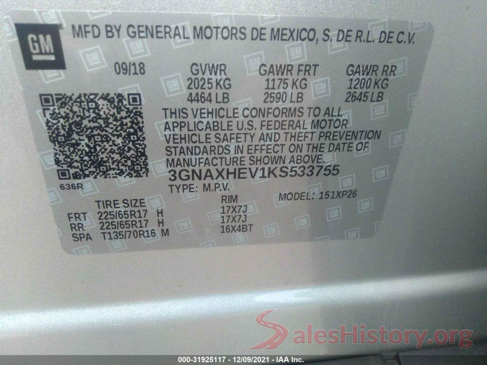 3GNAXHEV1KS533755 2019 CHEVROLET EQUINOX