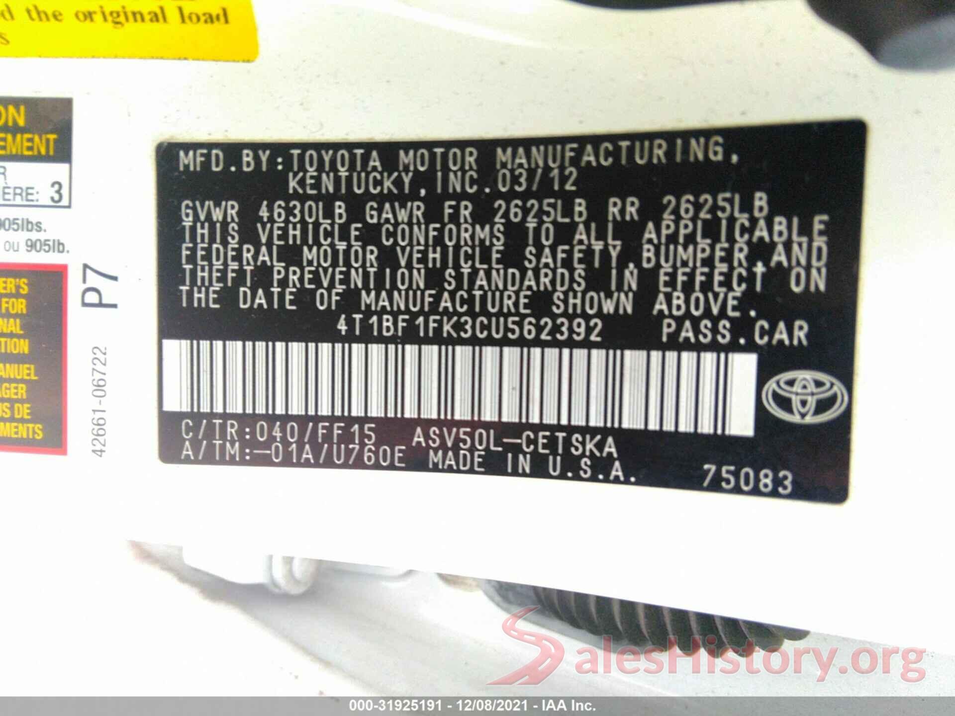 4T1BF1FK3CU562392 2012 TOYOTA CAMRY