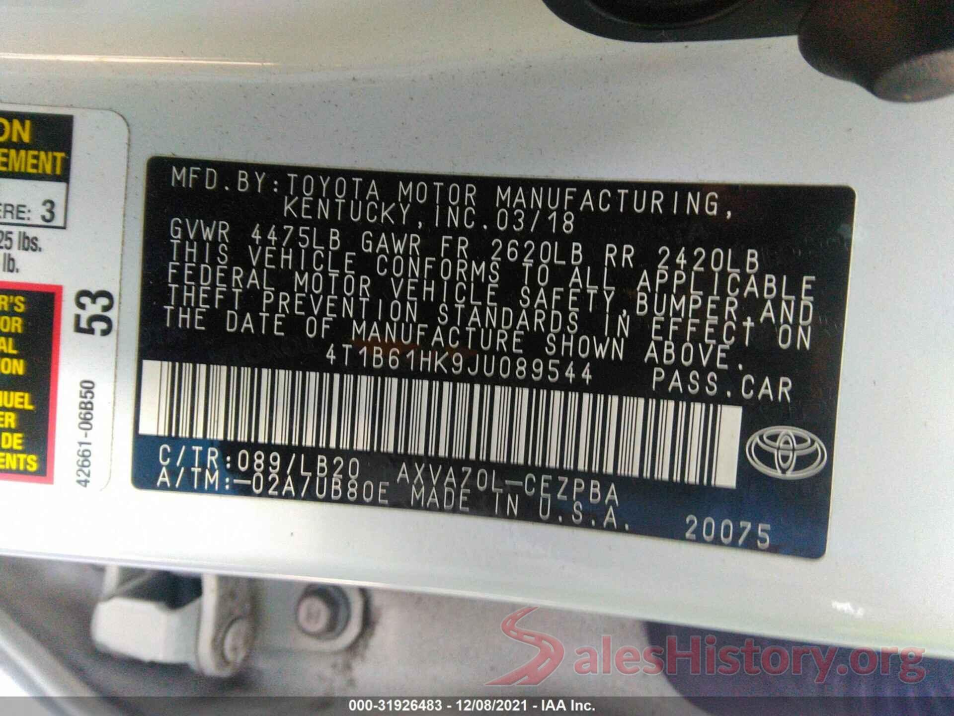 4T1B61HK9JU089544 2018 TOYOTA CAMRY