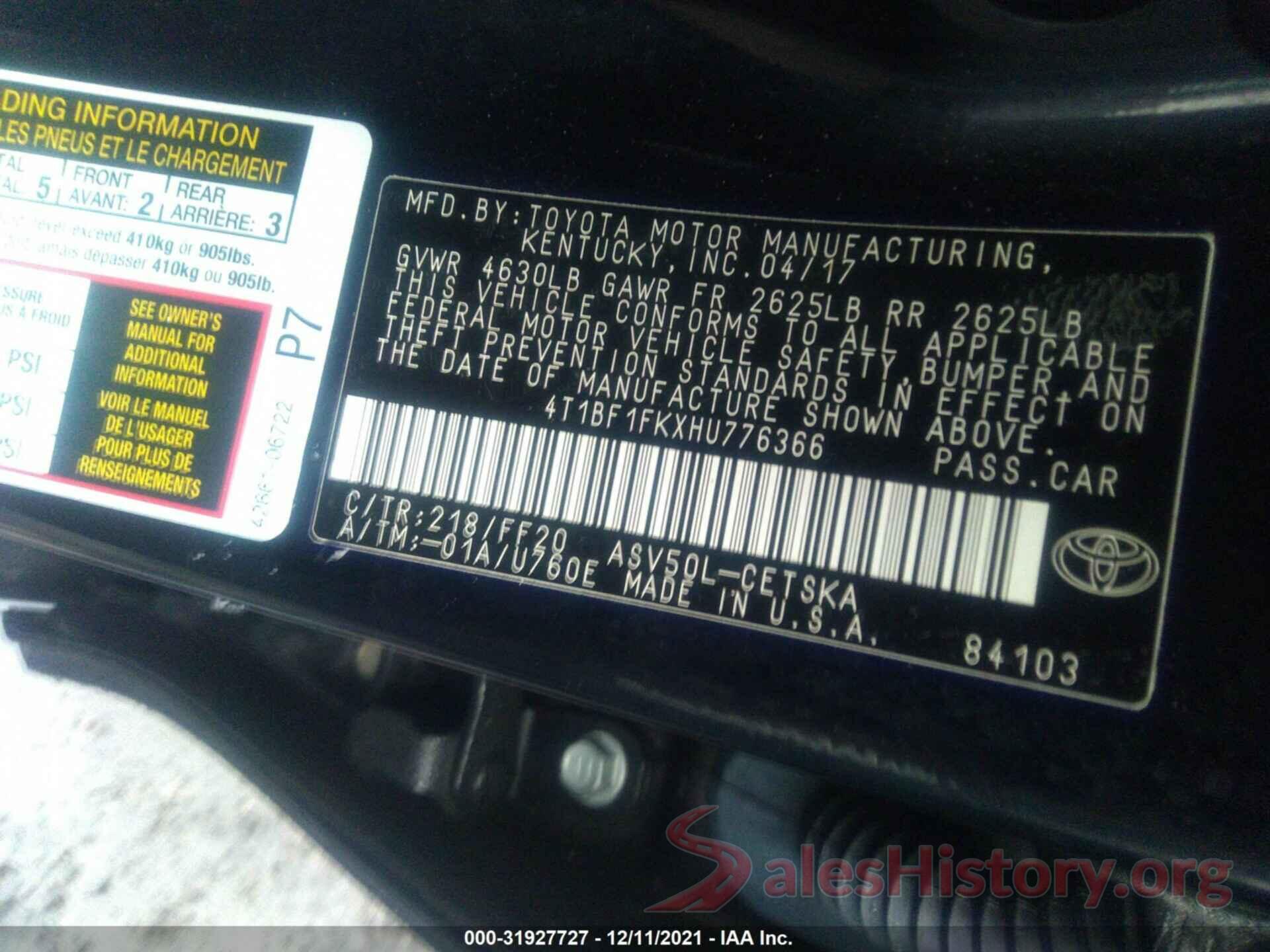 4T1BF1FKXHU776366 2017 TOYOTA CAMRY