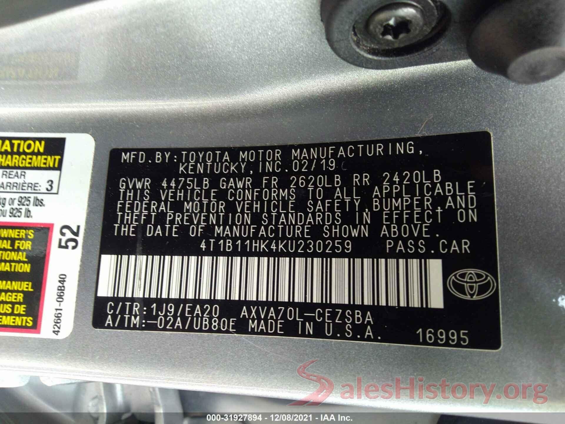 4T1B11HK4KU230259 2019 TOYOTA CAMRY