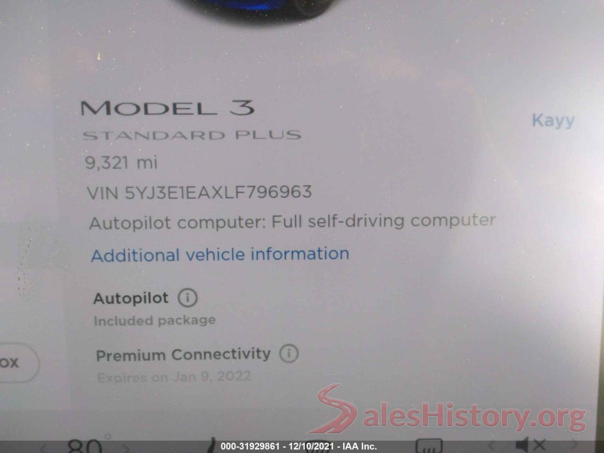 5YJ3E1EAXLF796963 2020 TESLA MODEL 3