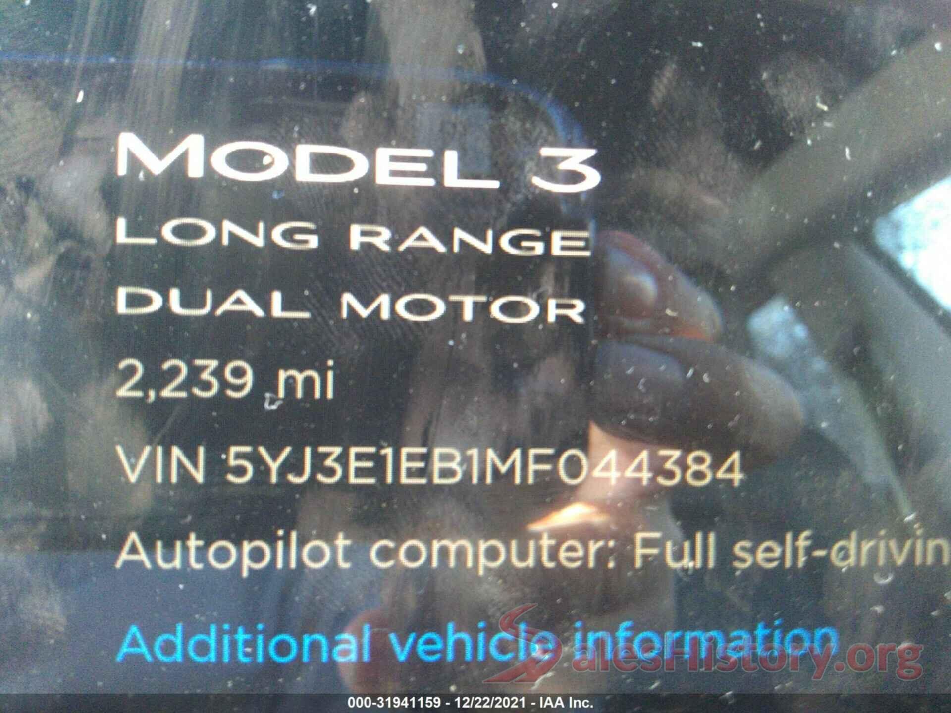 5YJ3E1EB1MF044384 2021 TESLA MODEL 3