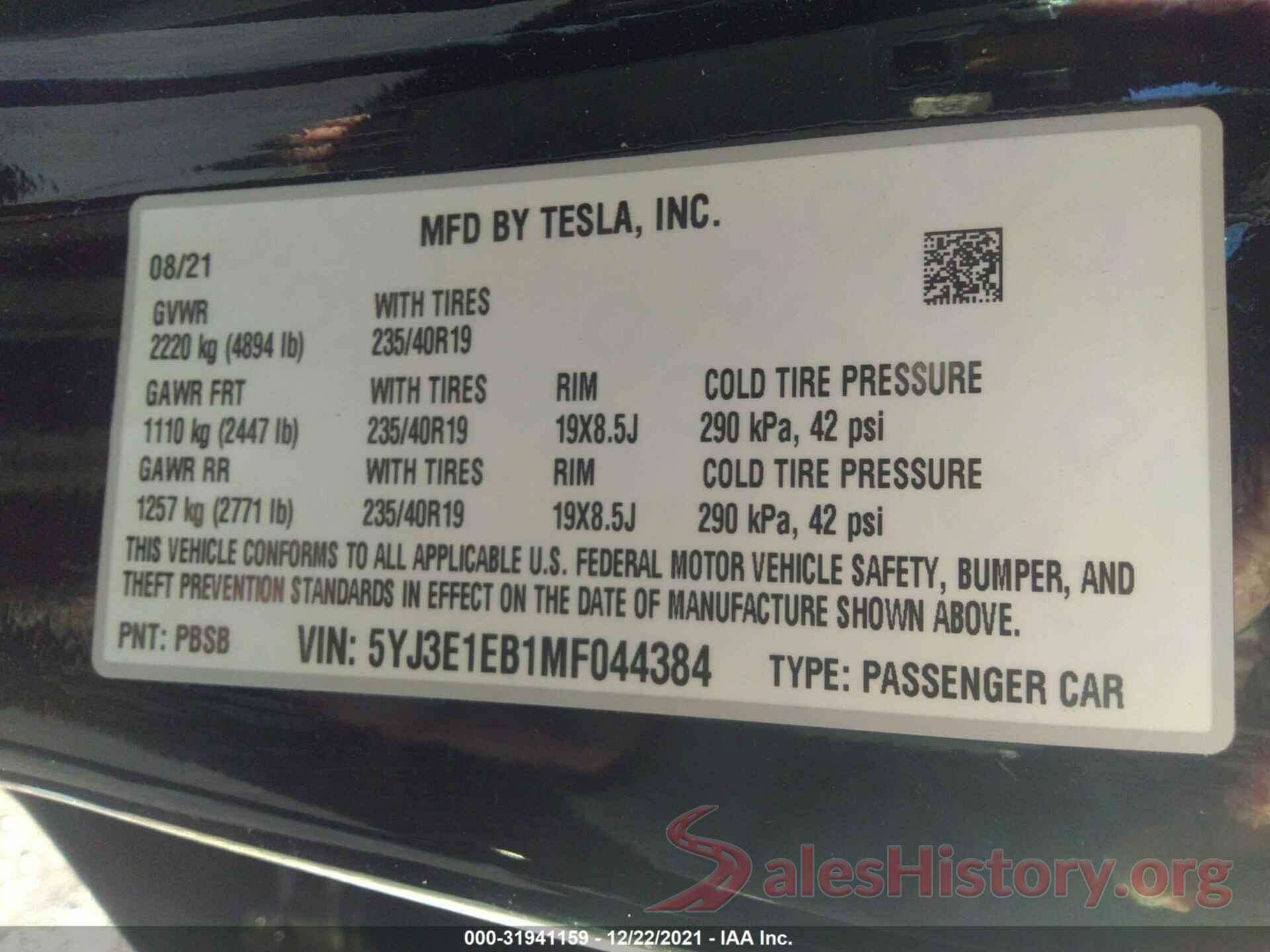 5YJ3E1EB1MF044384 2021 TESLA MODEL 3