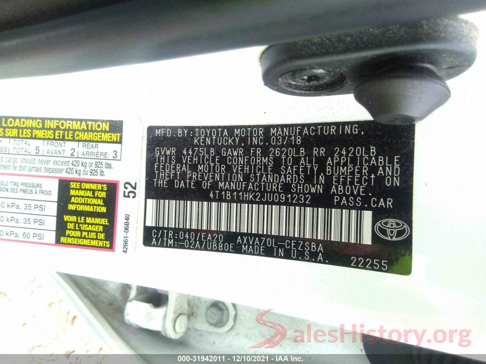 4T1B11HK2JU091232 2018 TOYOTA CAMRY