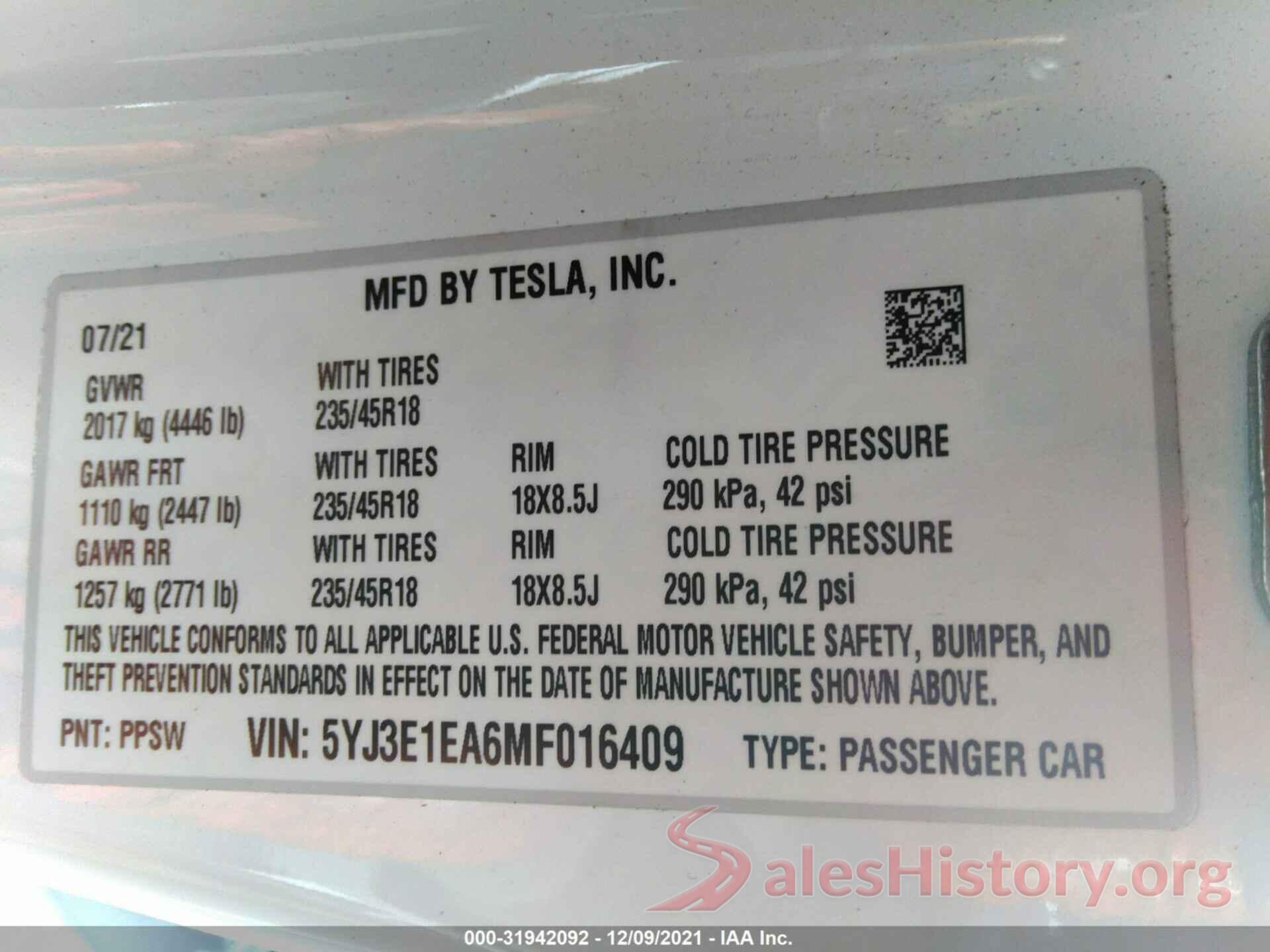 5YJ3E1EA6MF016409 2021 TESLA MODEL 3