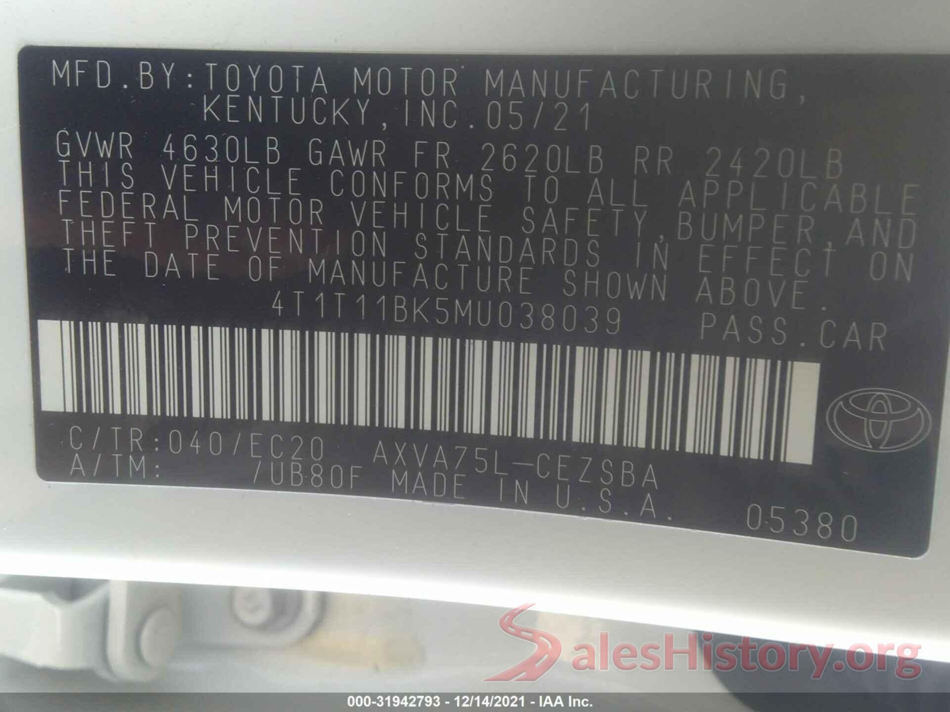 4T1T11BK5MU038039 2021 TOYOTA CAMRY