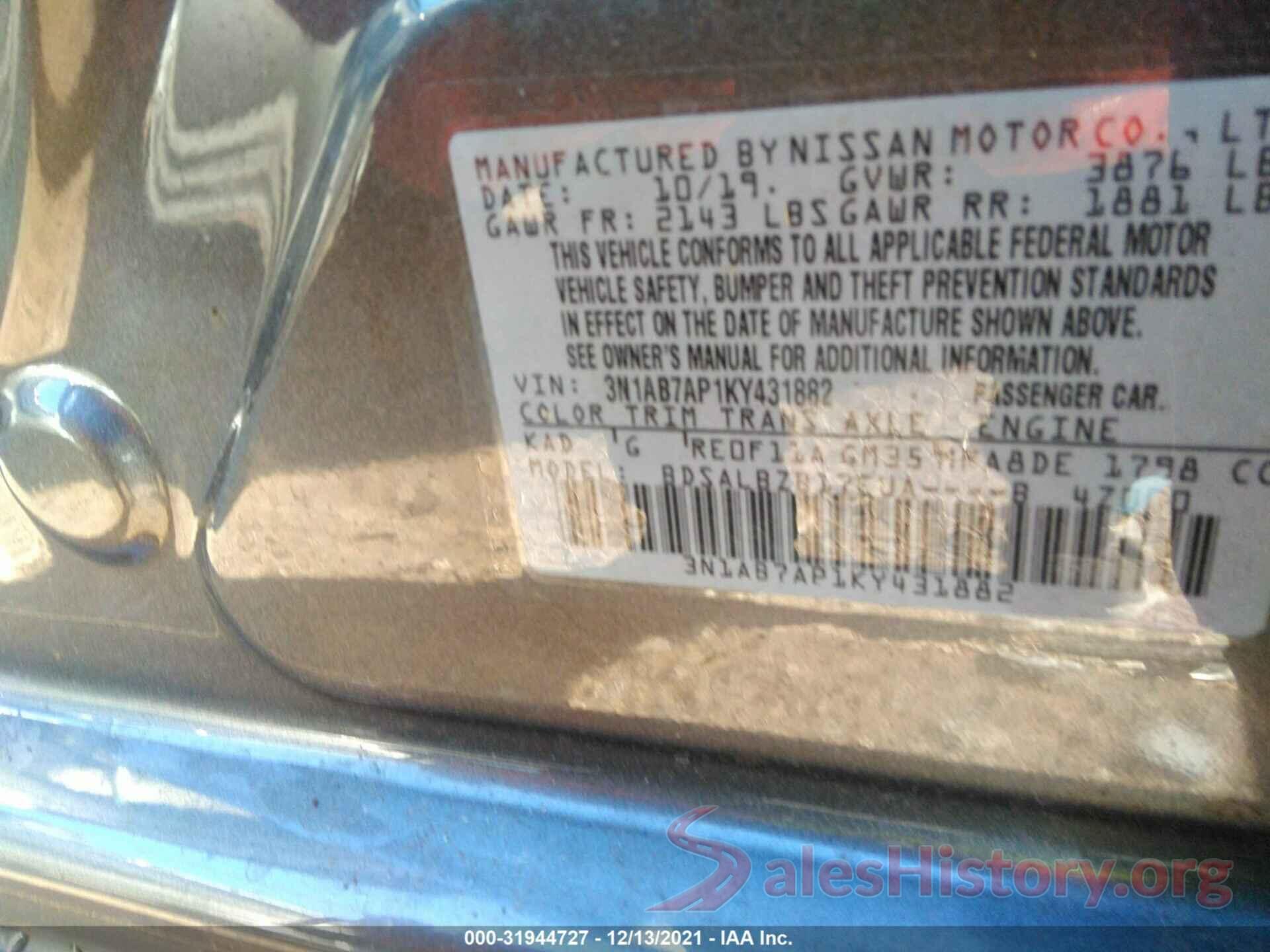 3N1AB7AP1KY431882 2019 NISSAN SENTRA