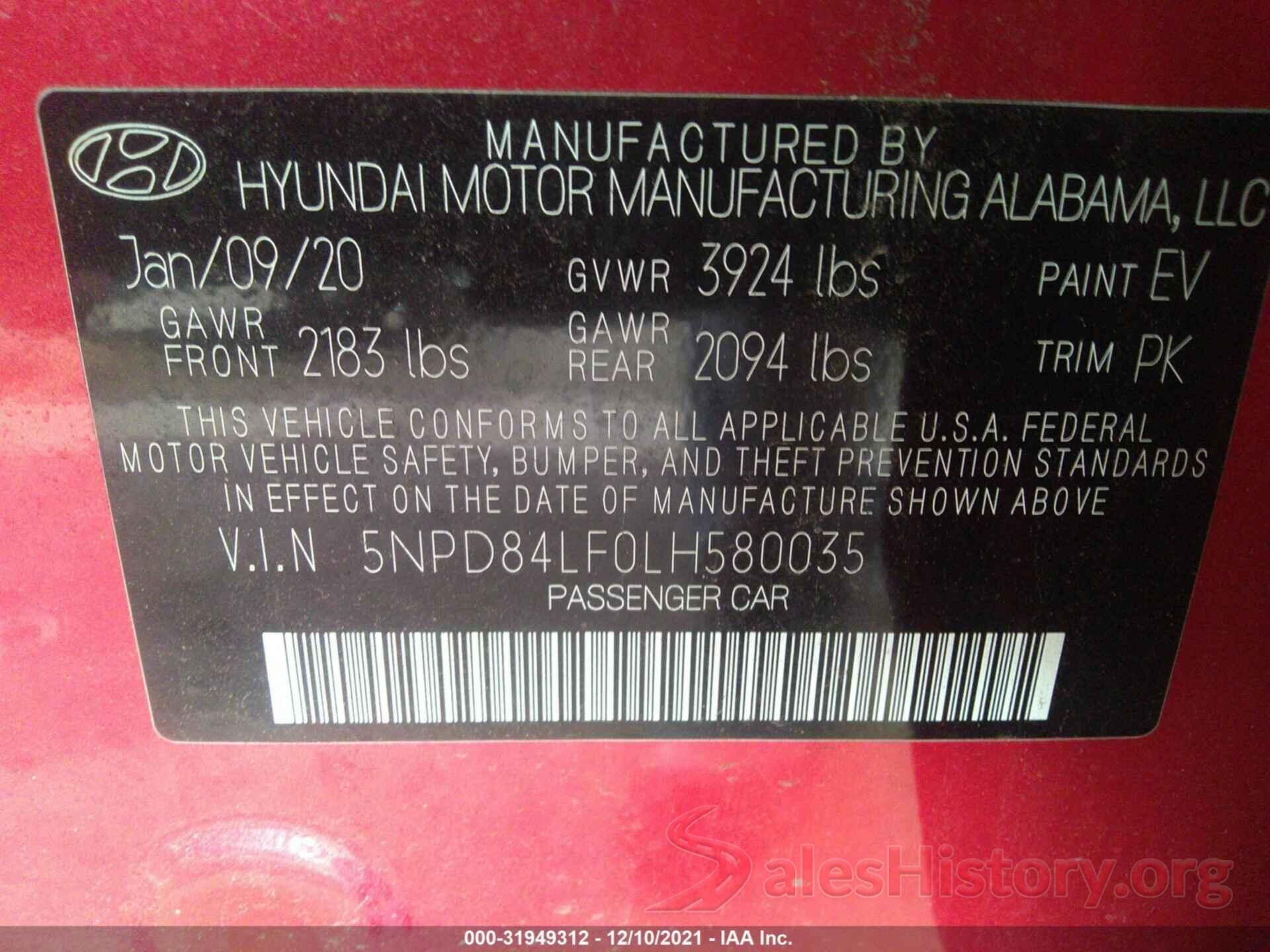 5NPD84LF0LH580035 2020 HYUNDAI ELANTRA