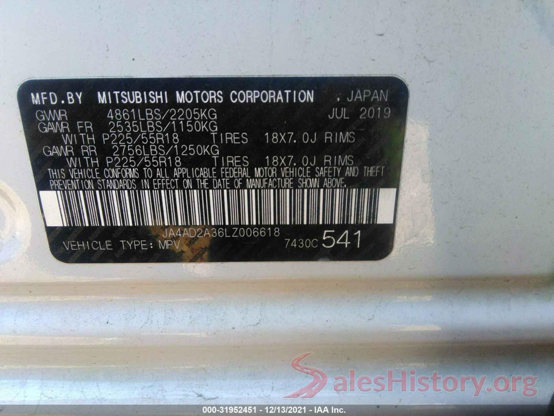 JA4AD2A36LZ006618 2020 MITSUBISHI OUTLANDER