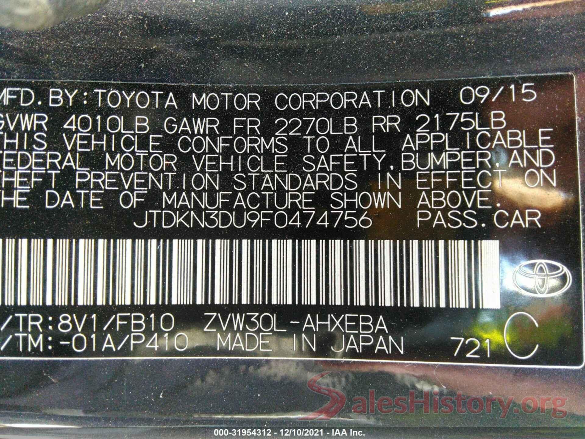 JTDKN3DU9F0474756 2015 TOYOTA PRIUS