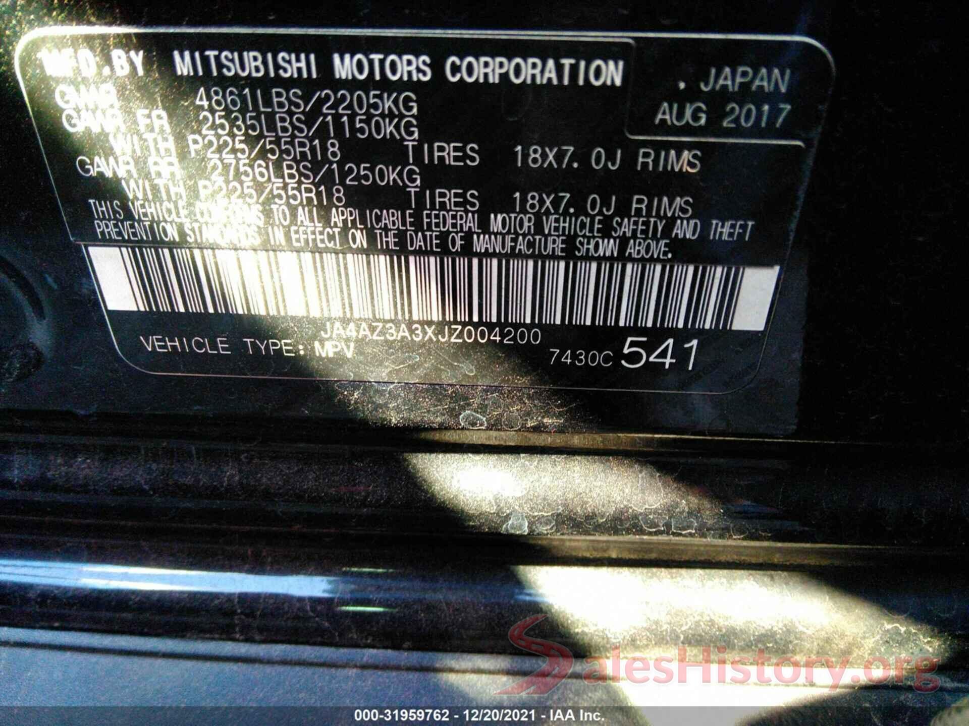 JA4AZ3A3XJZ004200 2018 MITSUBISHI OUTLANDER