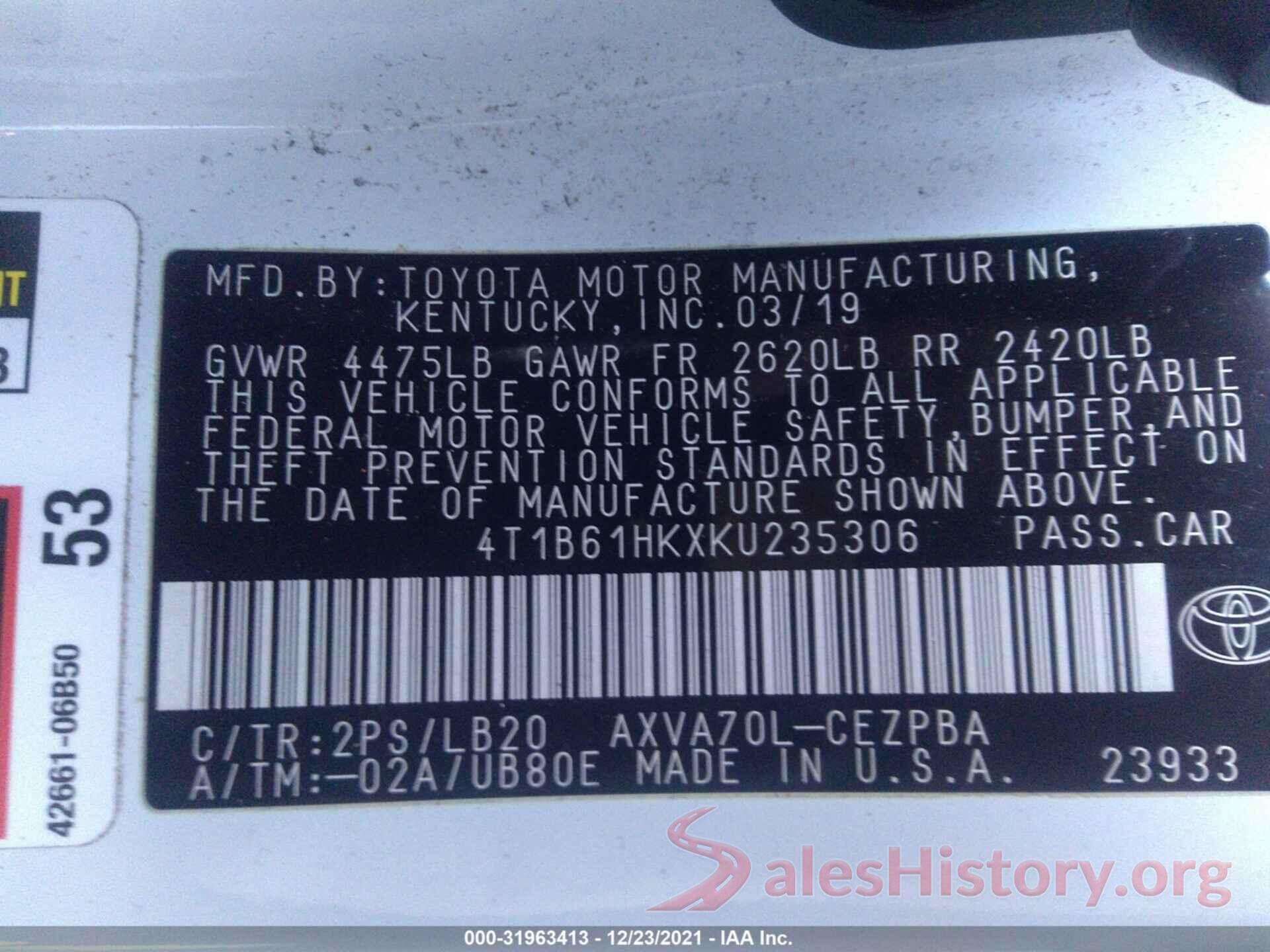 4T1B61HKXKU235306 2019 TOYOTA CAMRY