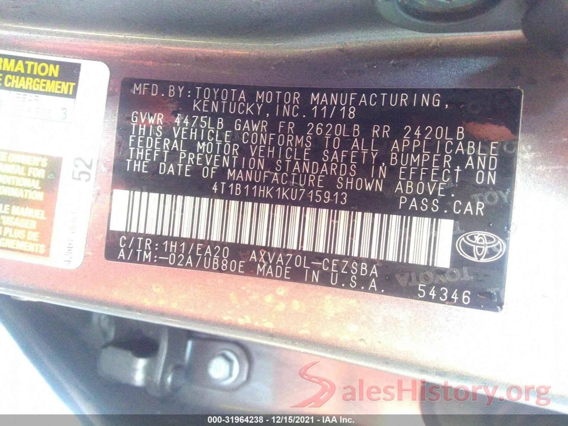 4T1B11HK1KU715913 2019 TOYOTA CAMRY