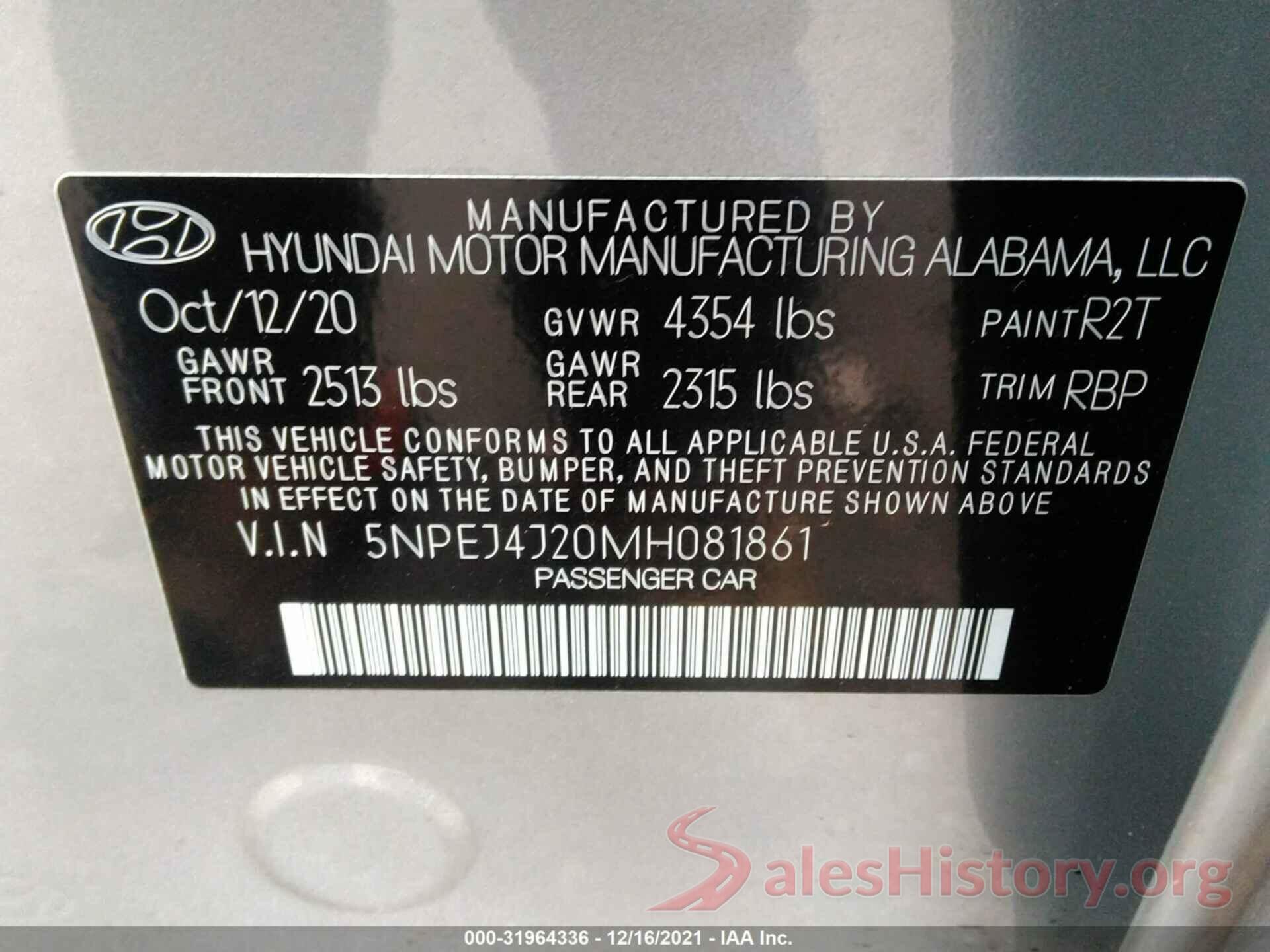 5NPEJ4J20MH081861 2021 HYUNDAI SONATA