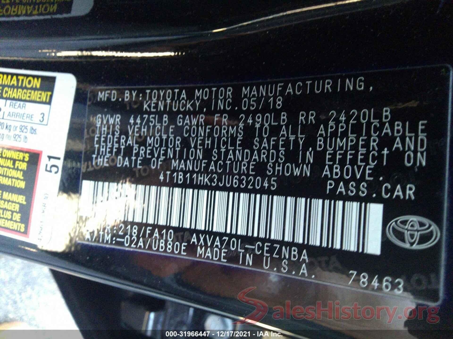 4T1B11HK3JU632045 2018 TOYOTA CAMRY