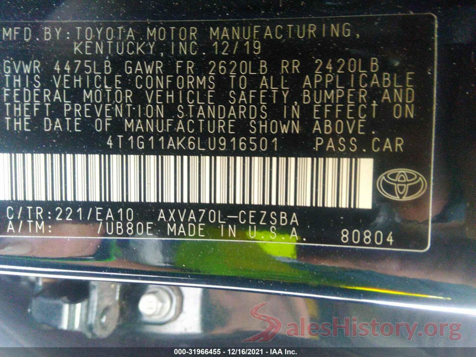 4T1G11AK6LU916501 2020 TOYOTA CAMRY