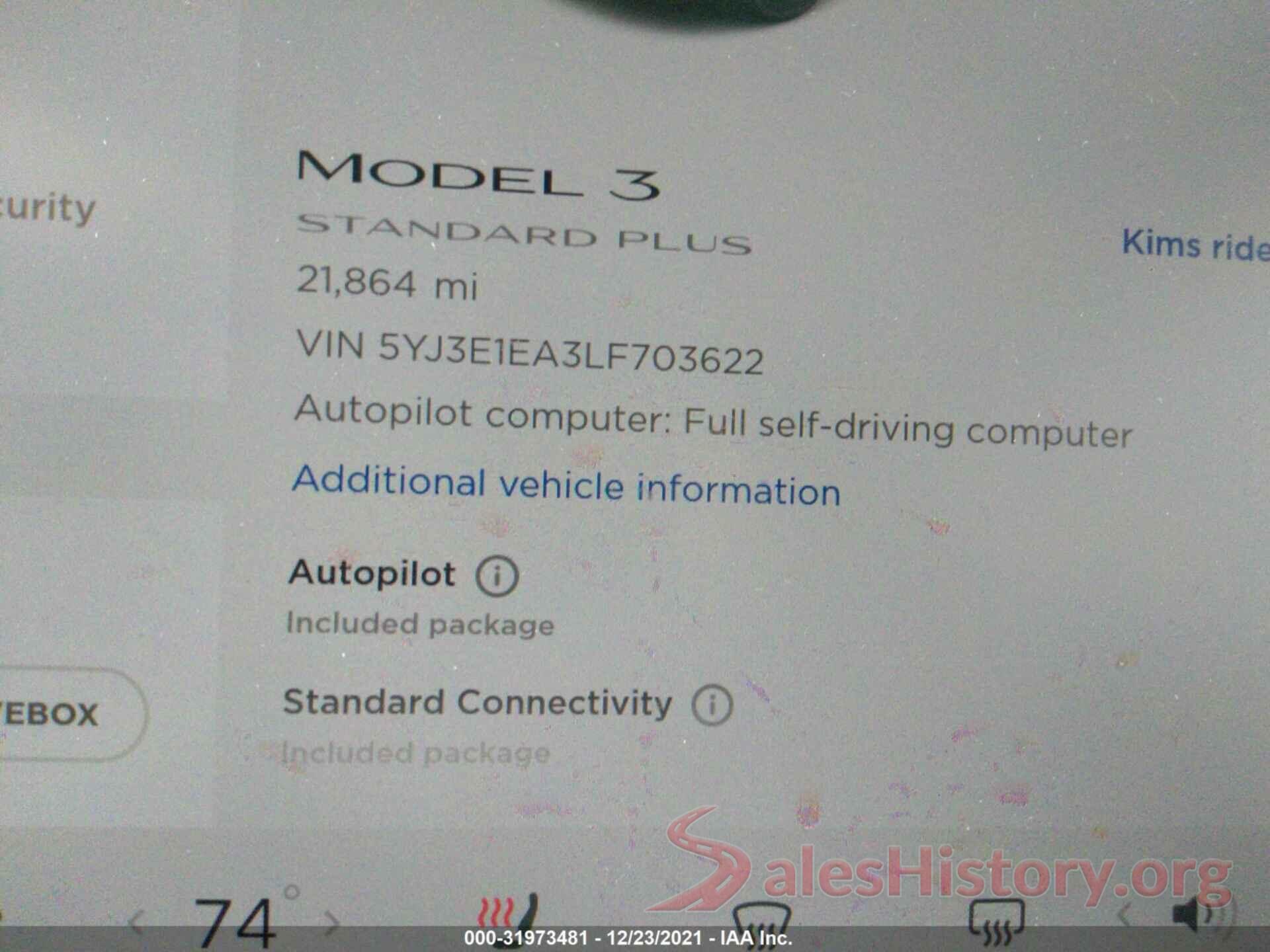 5YJ3E1EA3LF703622 2020 TESLA MODEL 3