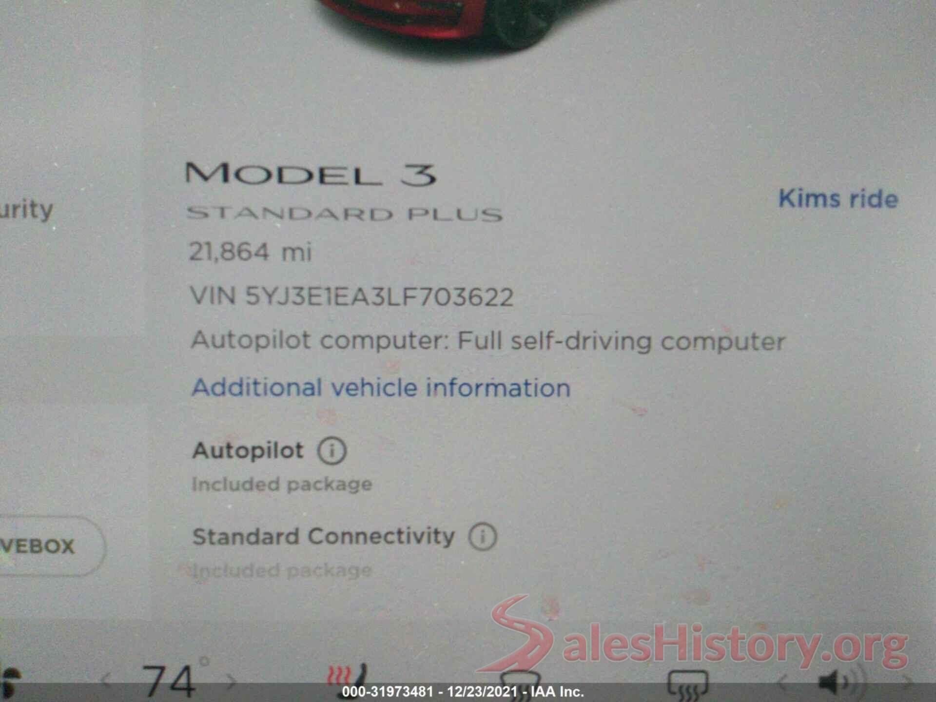 5YJ3E1EA3LF703622 2020 TESLA MODEL 3